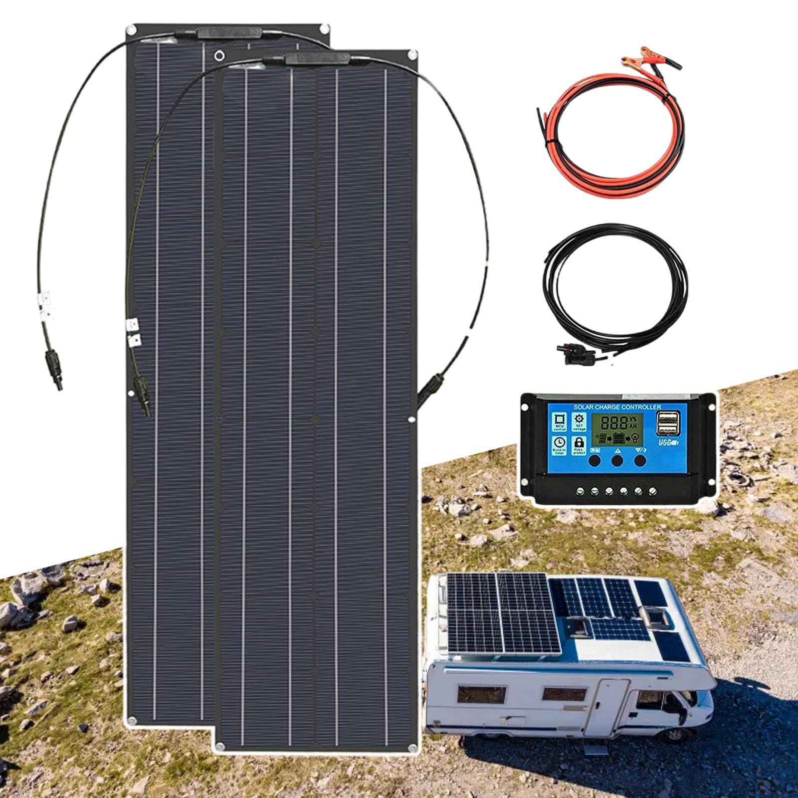 Set di Pannelli Fotovoltaici da Balcone, Kit Regolatore di Carica Solare da 200 W*2 Pezzi, con Regolatore da 40 A, per Camper/Marina/Camper/Cabina,Black