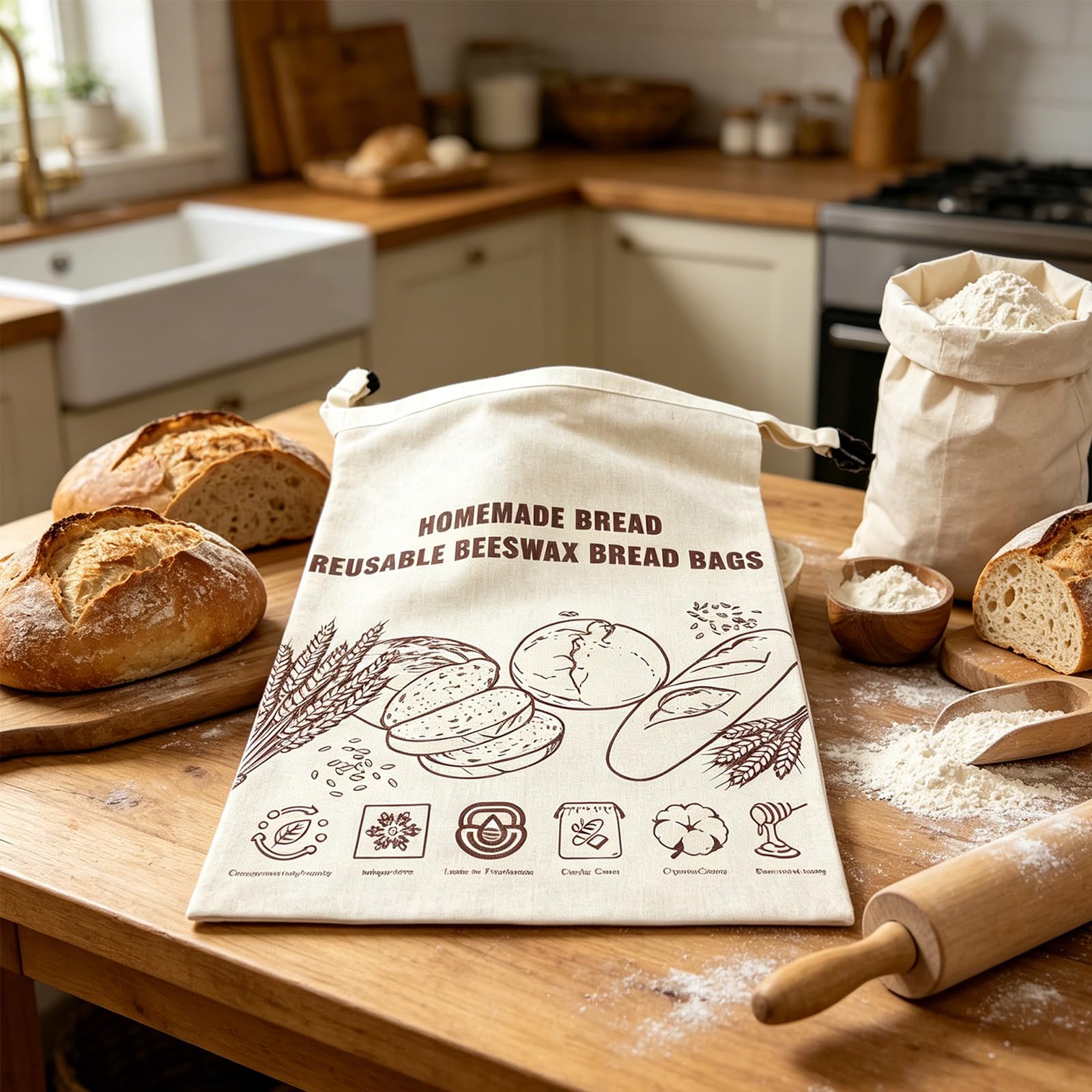 Borsa portapane riutilizzabile in tessuto cotone 33 x 43 cm Organizzatore da bancone da cucina per panettieri domestici Borsa portapane da bancone Borsa portapane in cotone Custodia per pane da