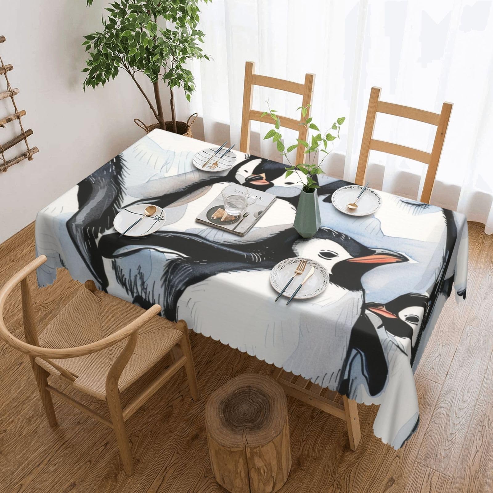 WPKJU Cute Baby Penguins Sketch Printed Rectangle Tablecloth 72x54 Inch with Lace Trim, Water-Resistant Washable Table Cover for Farmhouse Weddings, Outdoor Picnics & Holiday Dining