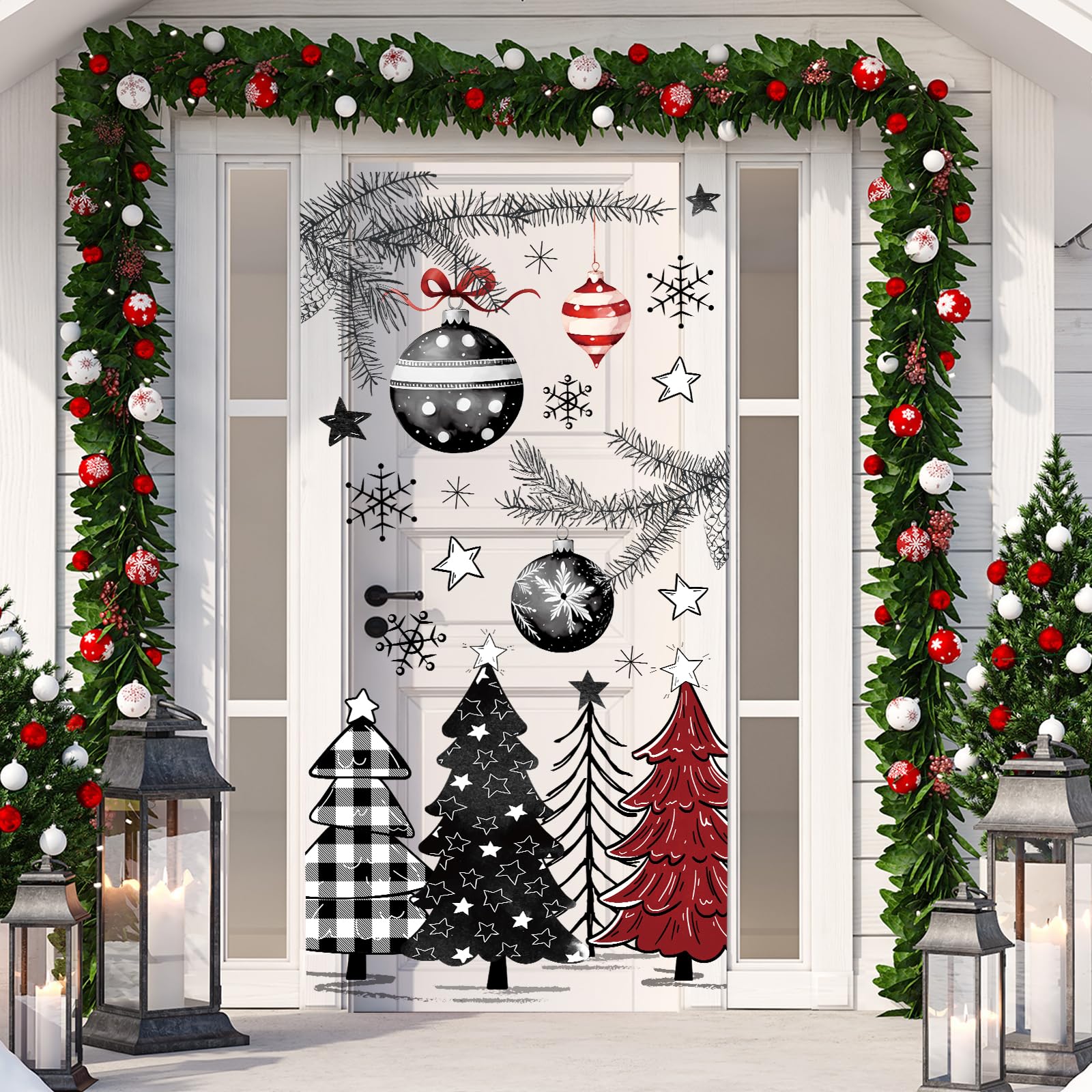 Frohe Weihnachten Türaufkleber Rot und Schwarz Büffel Plaid Weihnachtsbaum Schneeflocken Türaufkleber DIY Weihnachtsbaum Türaufkleber Wandbild Abziehbilder für Weihnachten Winter Home Tür Wand