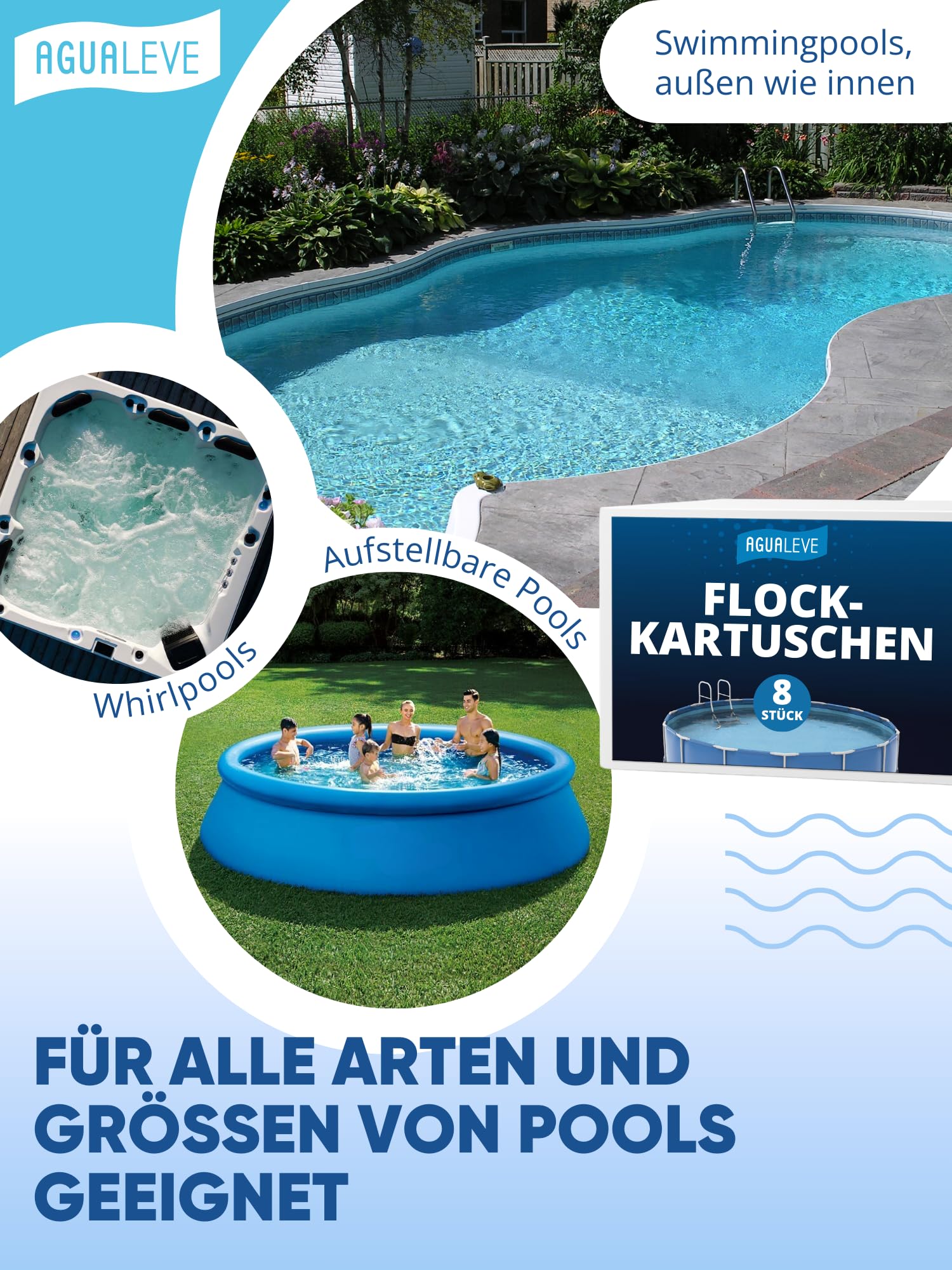 AGUALEVE® Flockmittel Pool Kartuschen 8 x 125g | flockt Verunreinigungen für klares Wasser| für Sandfilter, Filterbälle, Glasfilter UVM. | für Pools, Aufstellpools, Whirlpools | Made in Germany