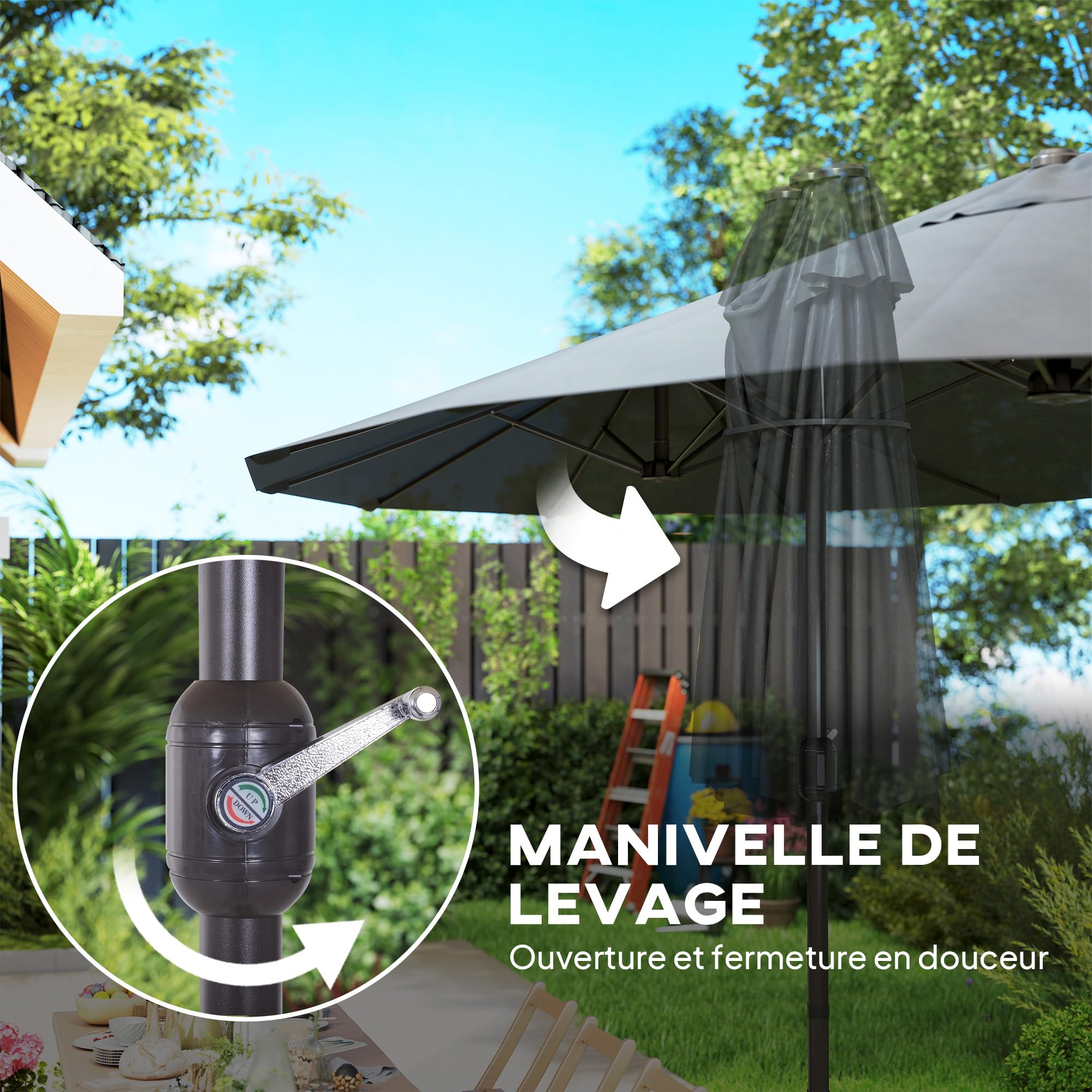 Outsunny Parasol de jardin XXL avec pied en croix parasol grande taille 4,6L x 2,7l x 2,4H cm ouverture fermeture manivelle acier polyester haute densité gris