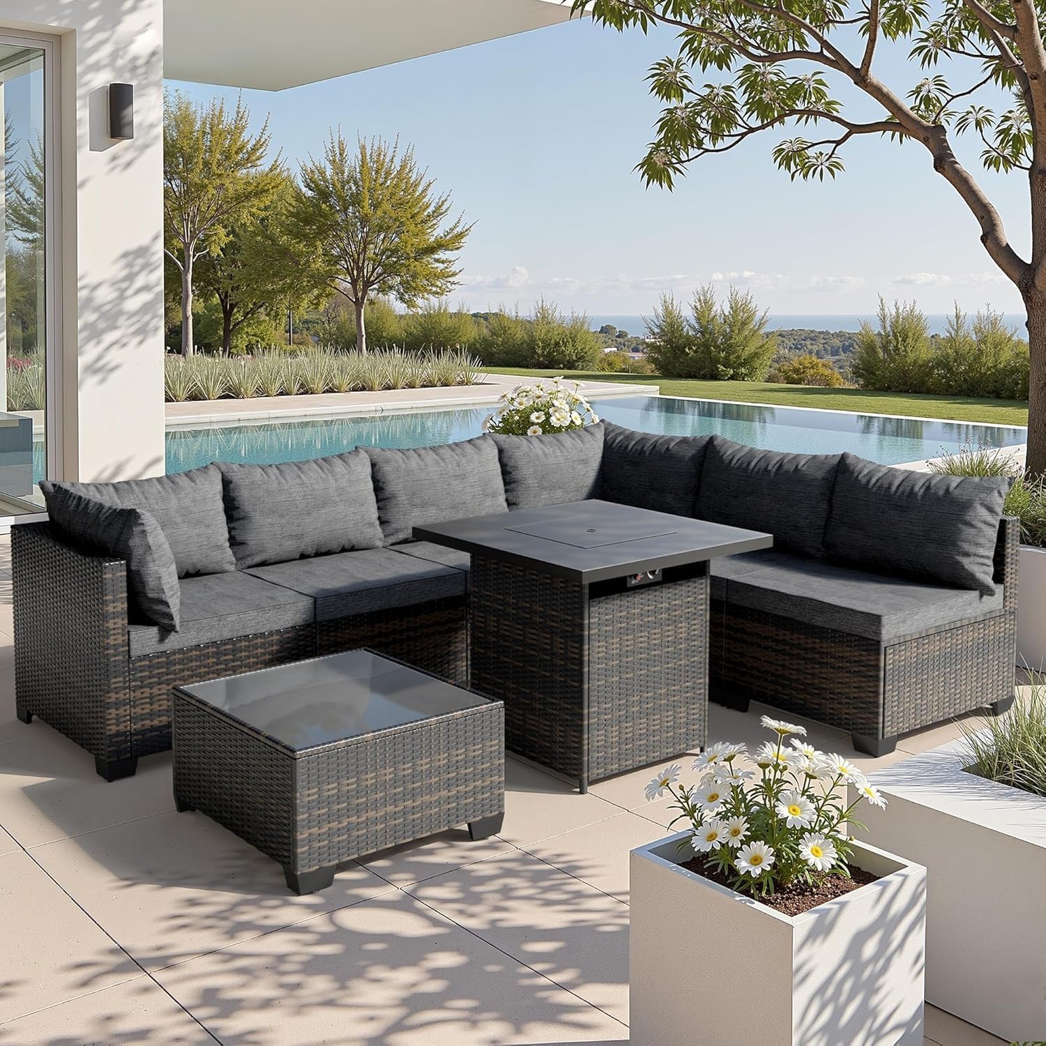 8 Piece Patio Furniture Set with 50000 BTU Propane Fire Pit Table Wicker Outdoor Patio Conversation Sets Waterproof Rattan for Backyard Porch Balcony Poolside(Gray)