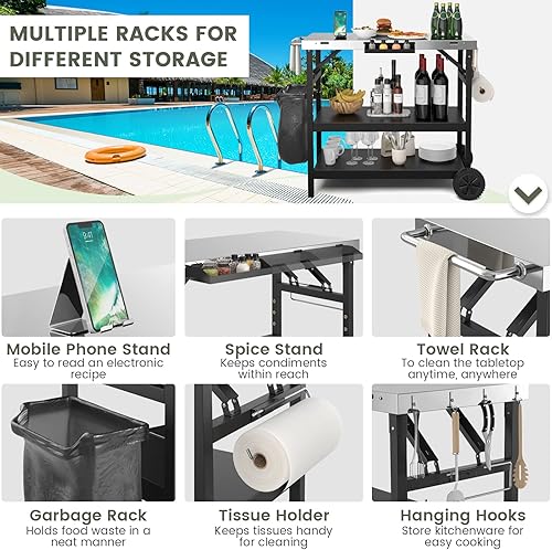 Miniatura 4 de GOFLAME Carrito de comedor para parrilla al aire libre de 3 estantes, mesa de carrito de preparación de alimentos movible con estante ajustable,