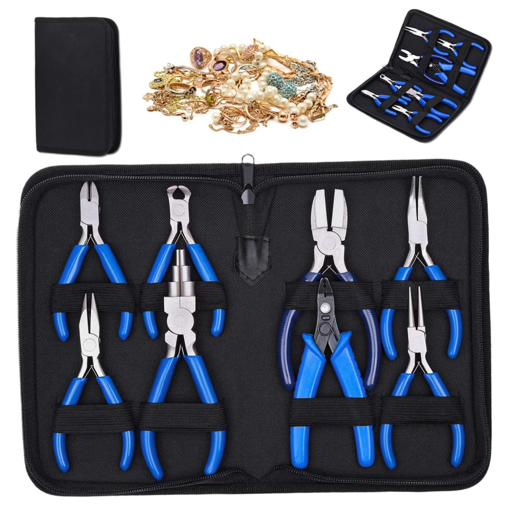 Juego de alicates para joyería, herramientas para hacer joyas de acero con alto contenido de carbono, 8 Uds., con bolsa de almacenamiento con cremallera