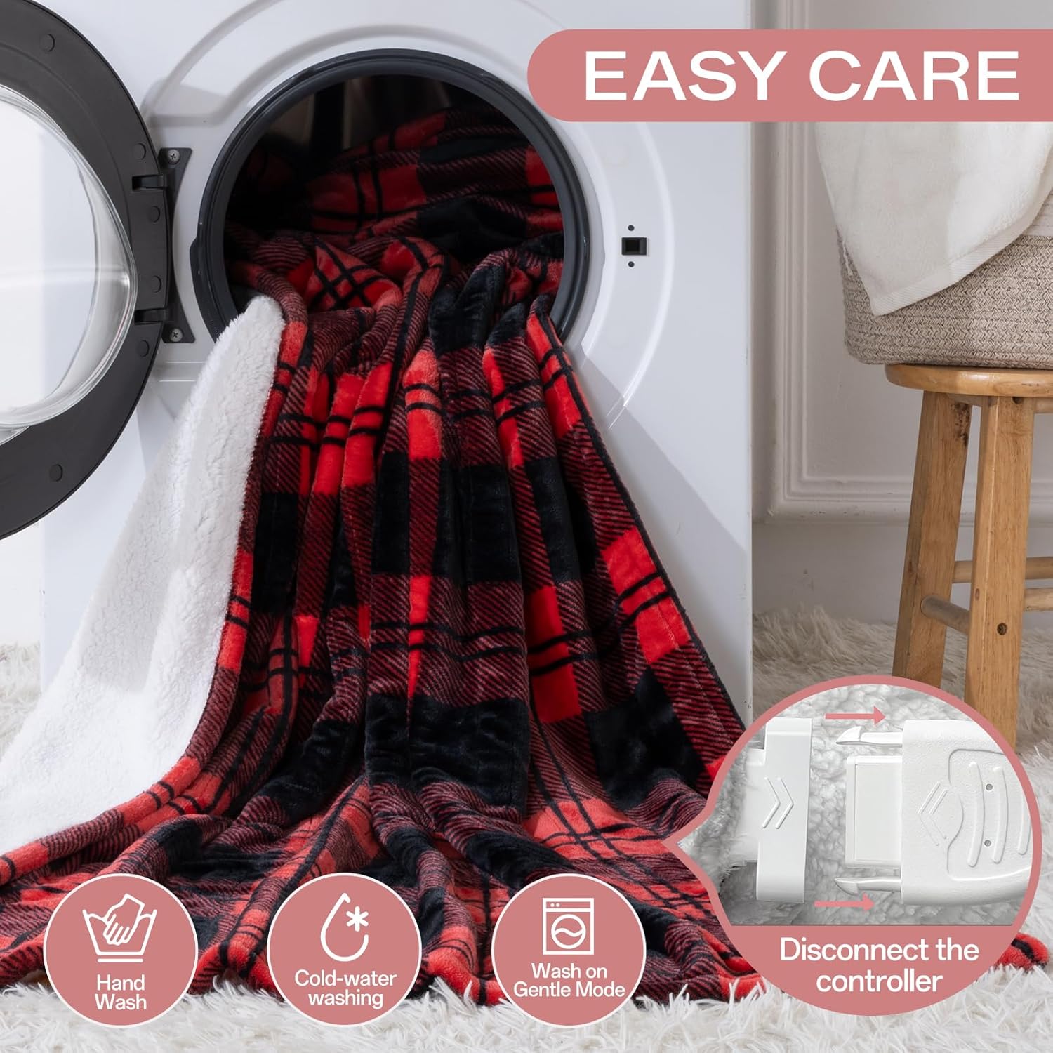 Heated Electric Blanket Twin Size 84" x 62", 8 Heat Settings, 10-Hour Selectable Auto Shut-Off, Fast Heating Blanket, Machine Washable, Warm and Cozy Red Black Plaid Checkered Sherpa Blanket, - Image 8