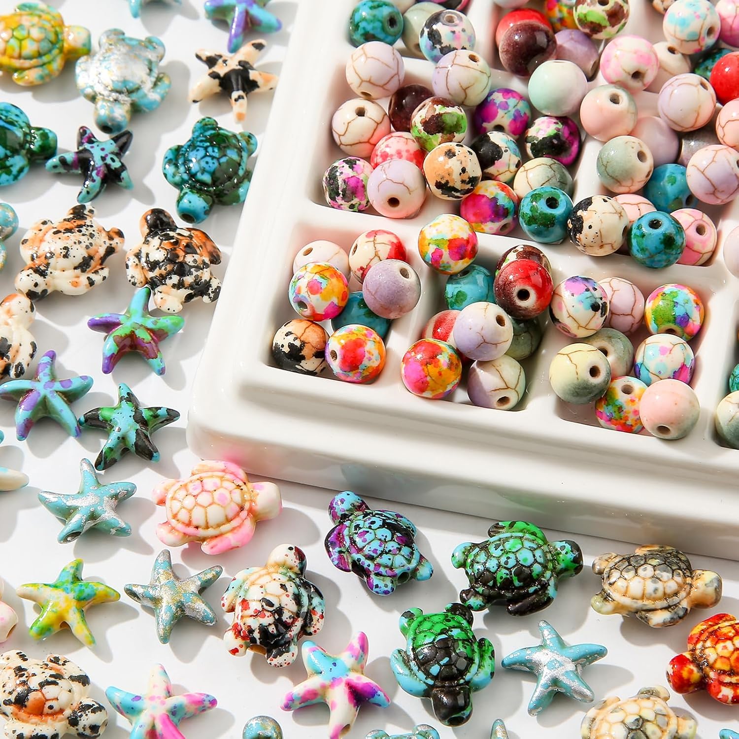210pcs Turquoise Beads Sea Turtle Beads Floral Colorful Turtle Charms Synthetic Turquoise Beads Starfish Beads for Jewelry Craft Making (Colorful) image 5