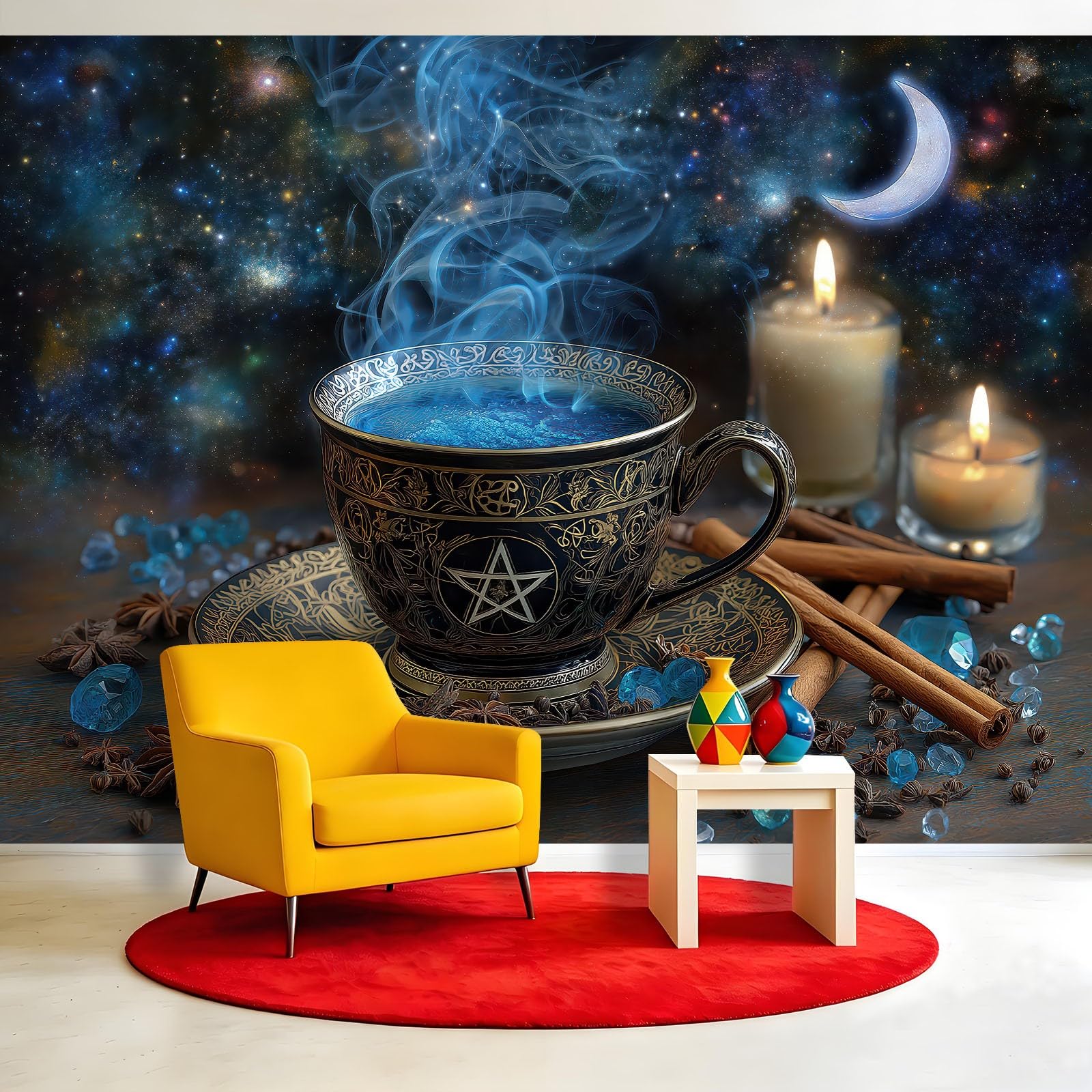 Panoramiczna tapeta z włókniny fantasy gwiaździste niebo, księżyc, 200 x 140 cm, tapeta dekoracyjna do salonu i sypialni, efekt 3D, kubek do herbaty, dym, świeca zapachowa, kamień szlachetny