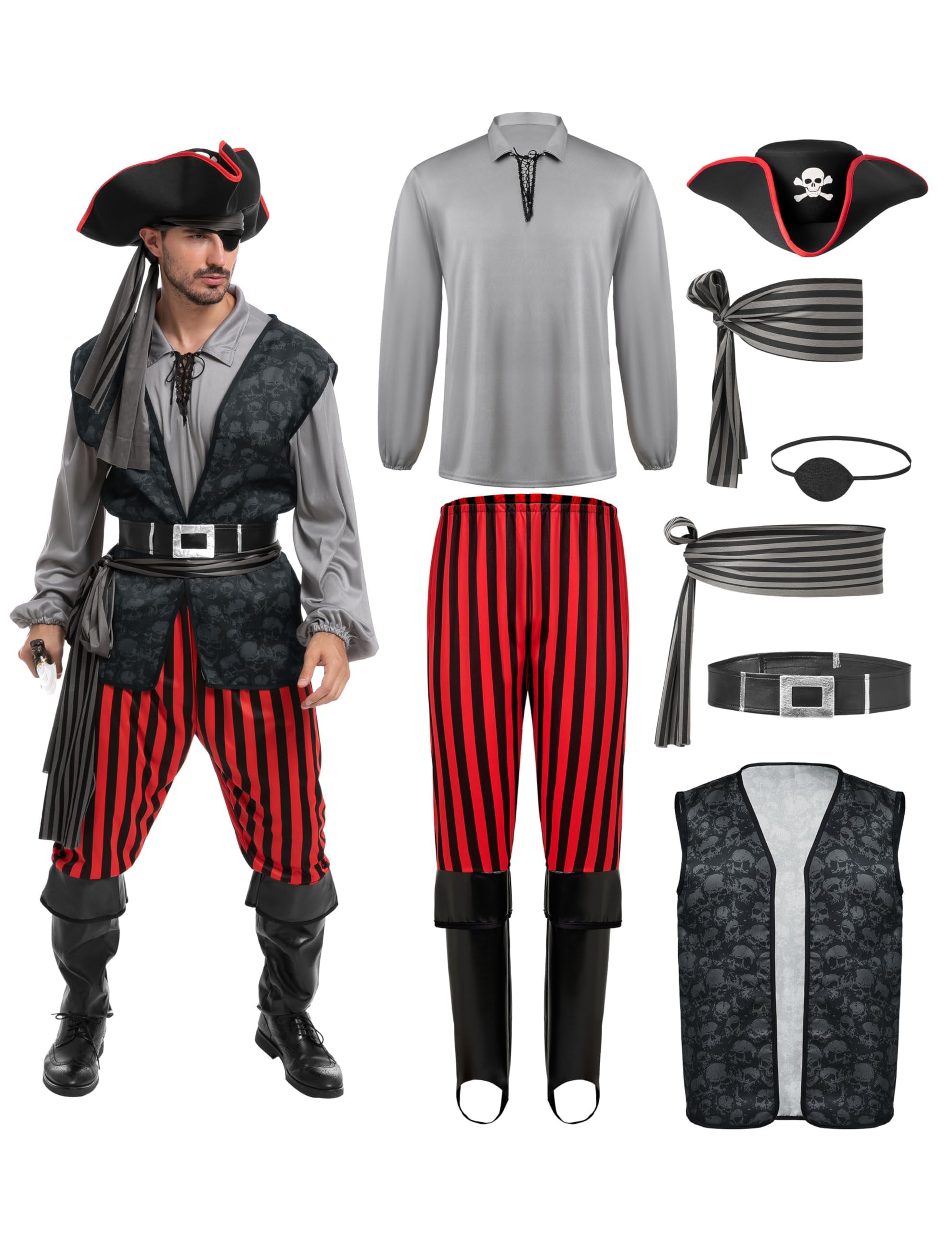 Spooktacular Creations Men Pirate Costume, Adult Khaki Pirate Shirt Vest Viking Pants Hat Accessories Set for Halloween Themed Trick or Treating Cosplay Parties