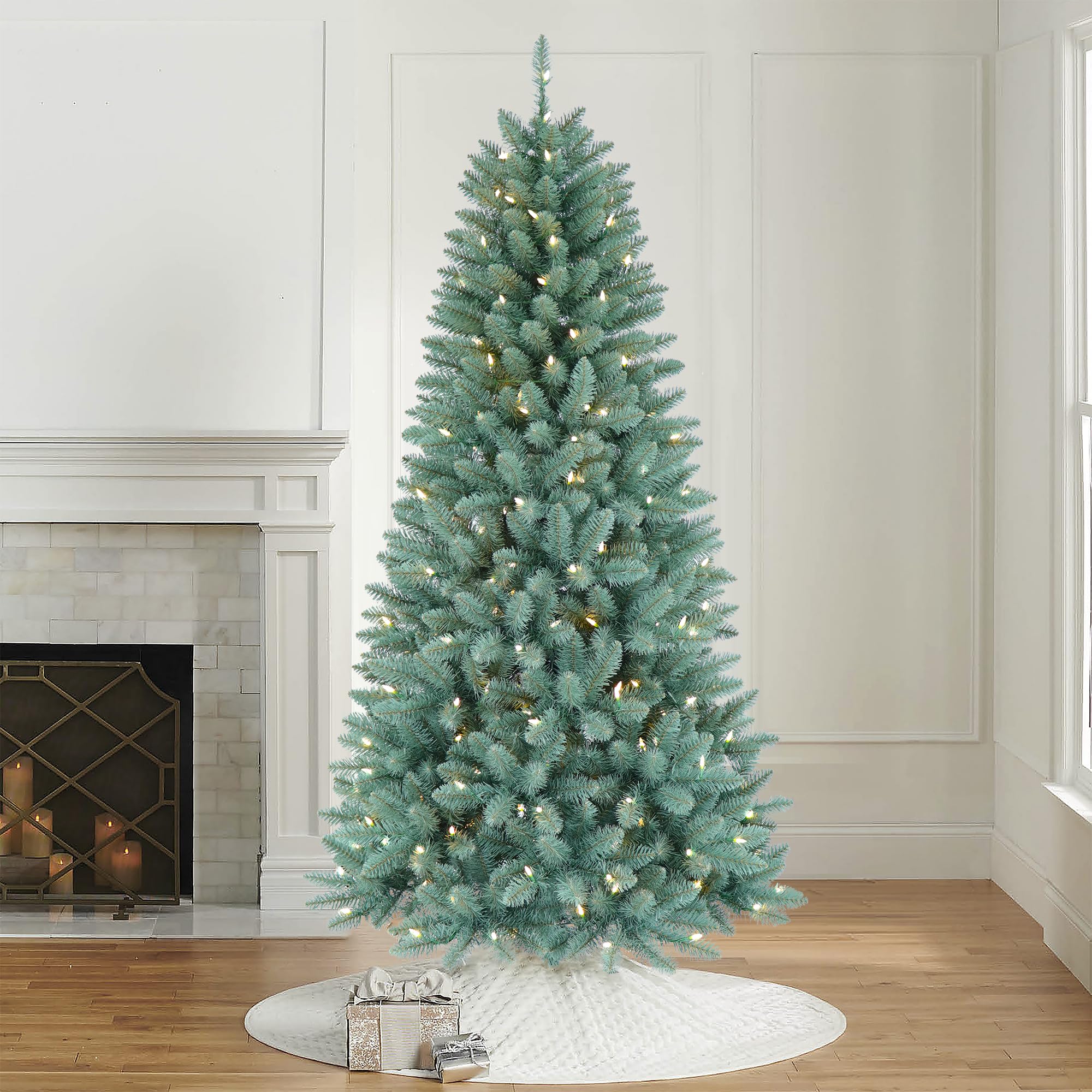 6.5FT Pre-lit Artificial Christmas Tree with 813 Branch Tips, 250 Dual-Color LED Lights and Metal Stand, Realistic Blue Spruce Tree for Holiday Décor