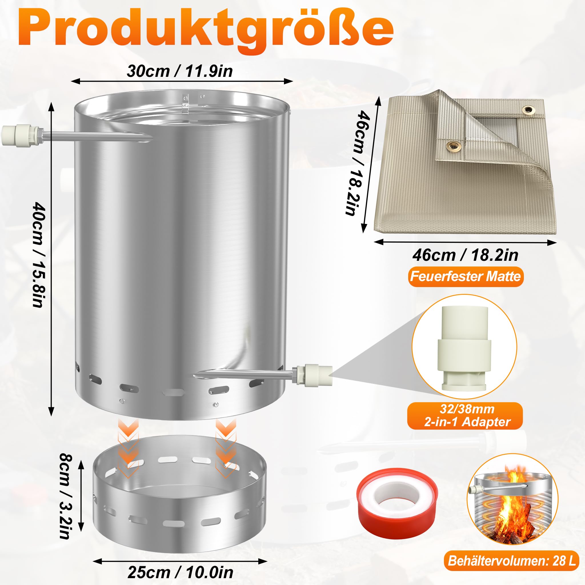 ACXIN 30x45cm Poolheizung mit Feuer, 32/38mm 2-in-1 Anschlüsse Edelstahl Feuertonne Brennholz Pool Heizung mit Ascheauffangboden und Heizspirale für Schwimmbäder, Poolofen Heizungen mit Matte