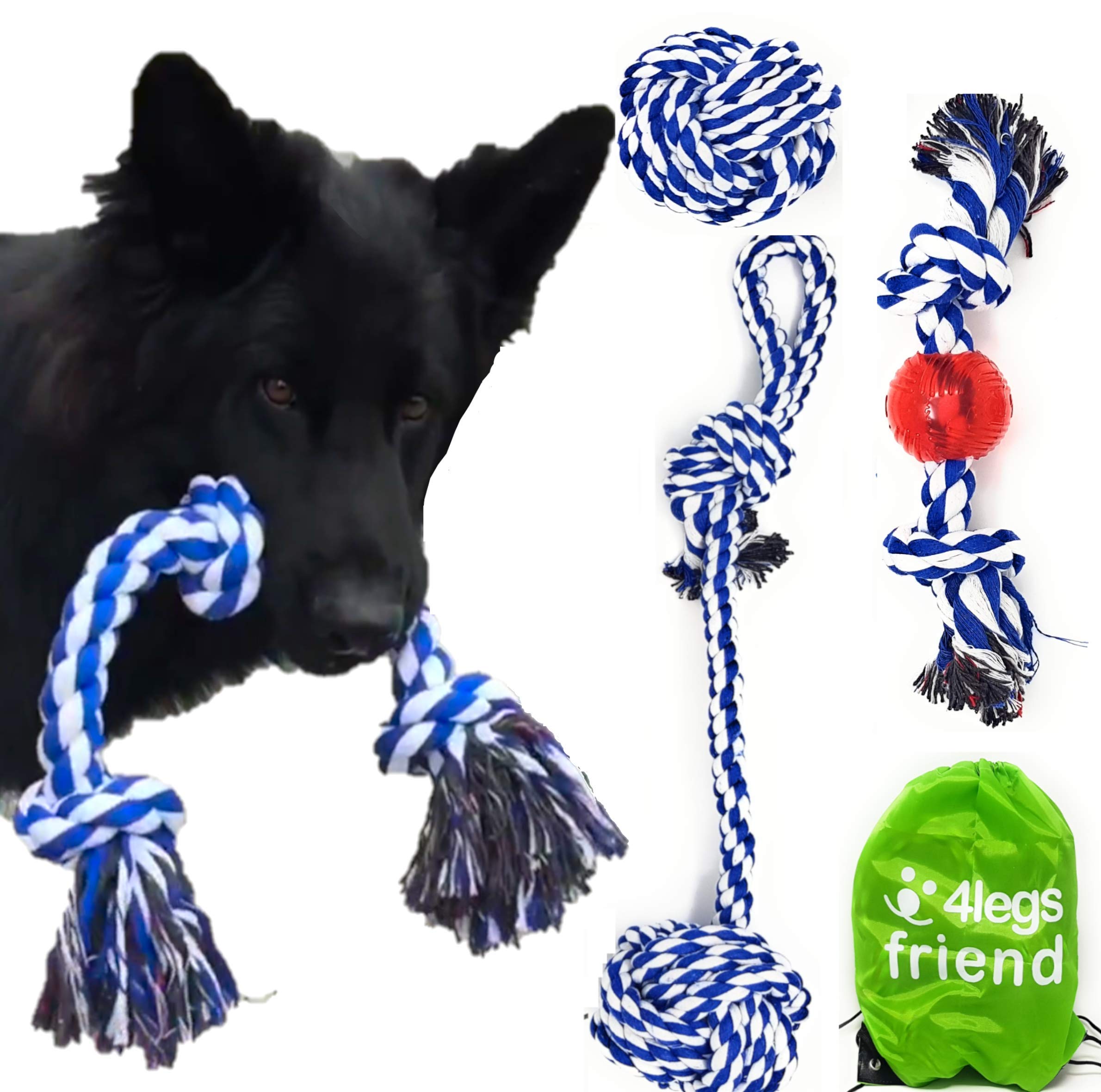 4LegsFriendRope Toys for Large Dogs & Puppies 4-Pack – Natural Cotton Rubber Tug-of-War Toy Set – Tough Dog Toys for Aggressive Chewers Improve Dental Hygiene – Machine-Washable Dog Rope Toy Ropes