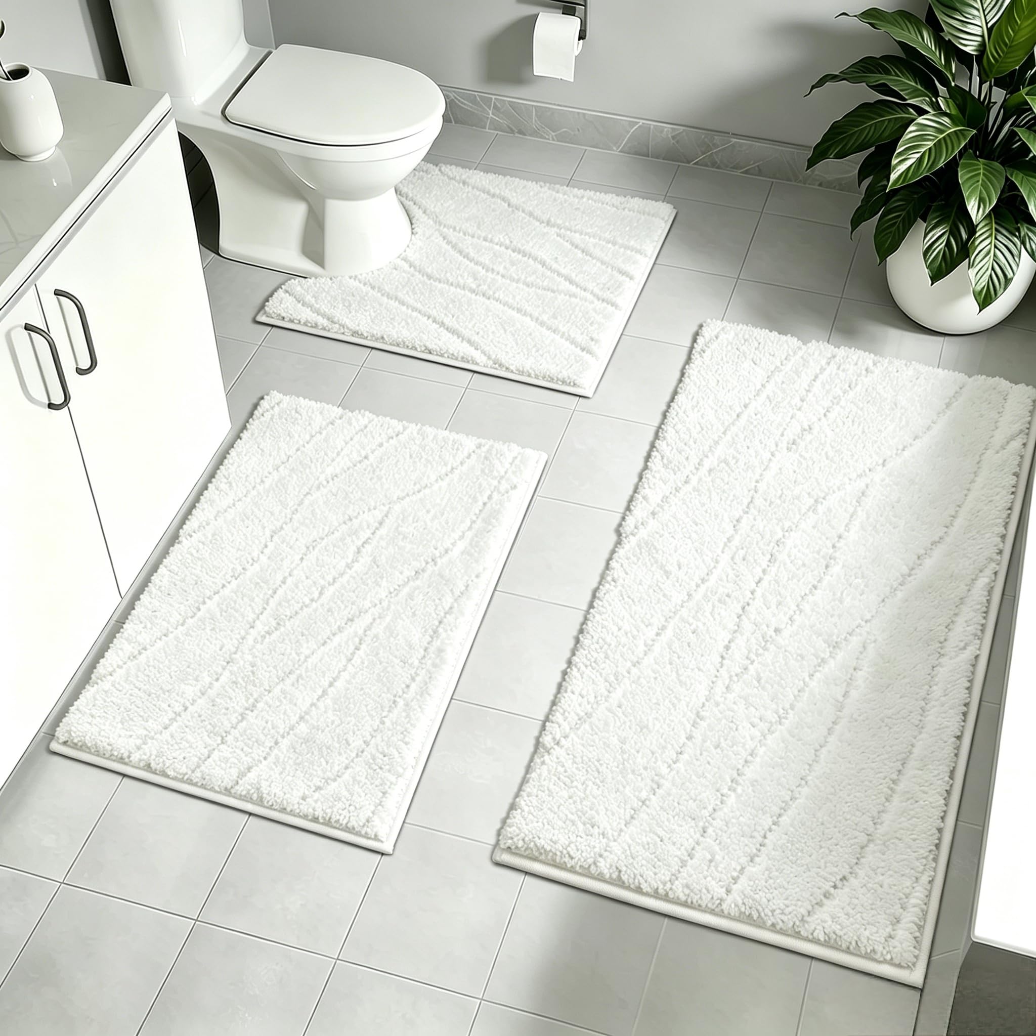 Homcomodar Bath Mat Set 3 Piece Soft Microfiber Absorbent Bathroom Mat Set Non Slip Anti Mould Bath Mats for Bathroom Machine Washable Bathmat and Toilet Mat Set for Bathrooms Floor,Shower（White）