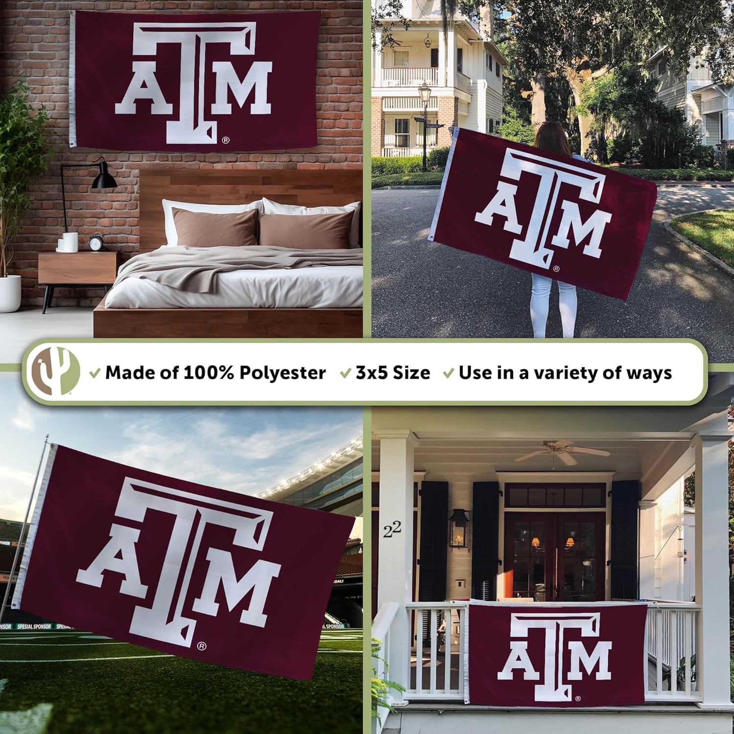 Desert Cactus Texas A&M University TAMU Flag - 3 x 5 Feet Aggies Banner, Indoor/Outdoor Durable Fabric, 100% Polyester Design (Style 1) - Image 3