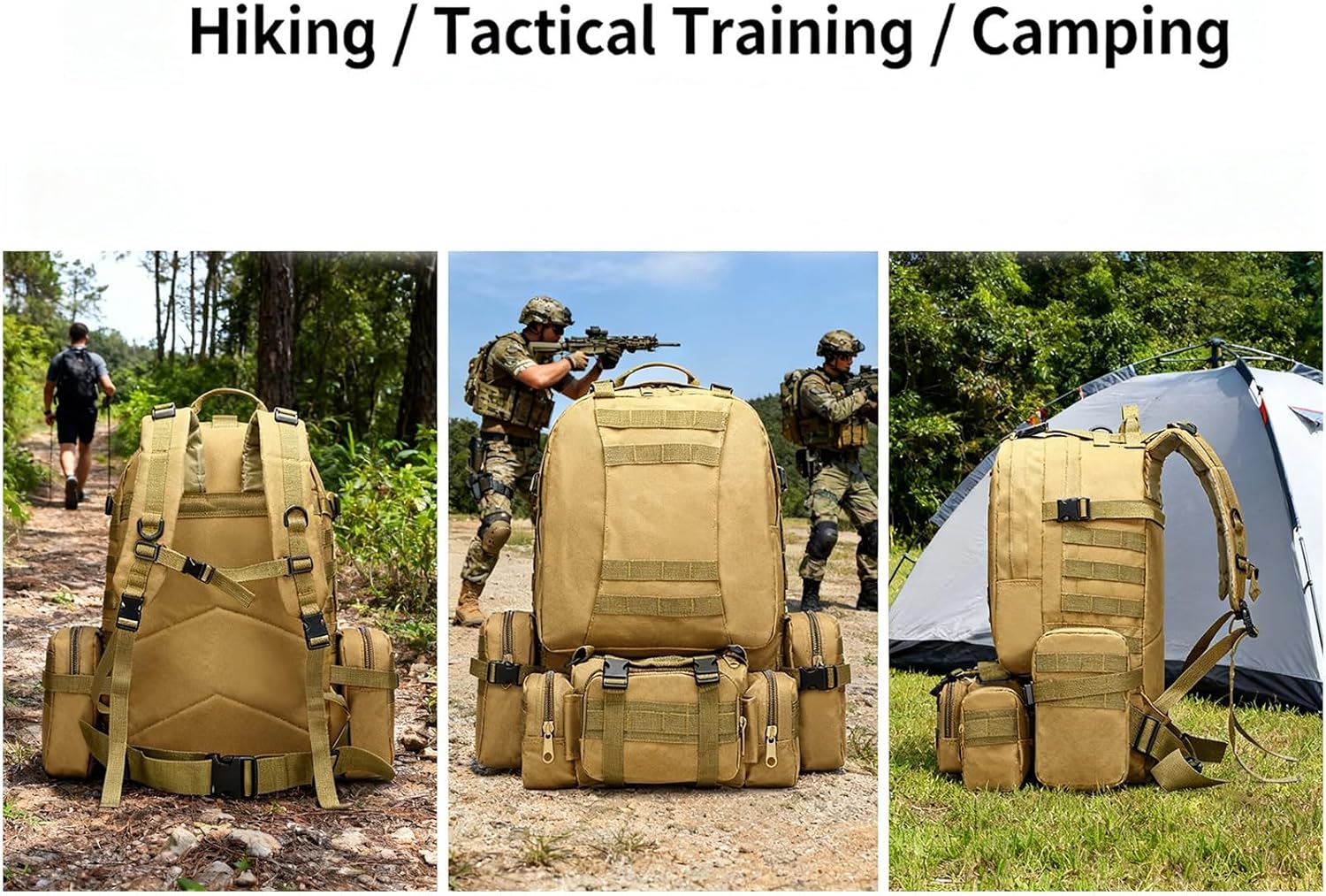 60L Tactical Backpack Military 3-Day Assault Pack, Waterproof Molle System Rucksack with Detachable Bag, Survival Bug Out Backpack for Men & Women(Brown)