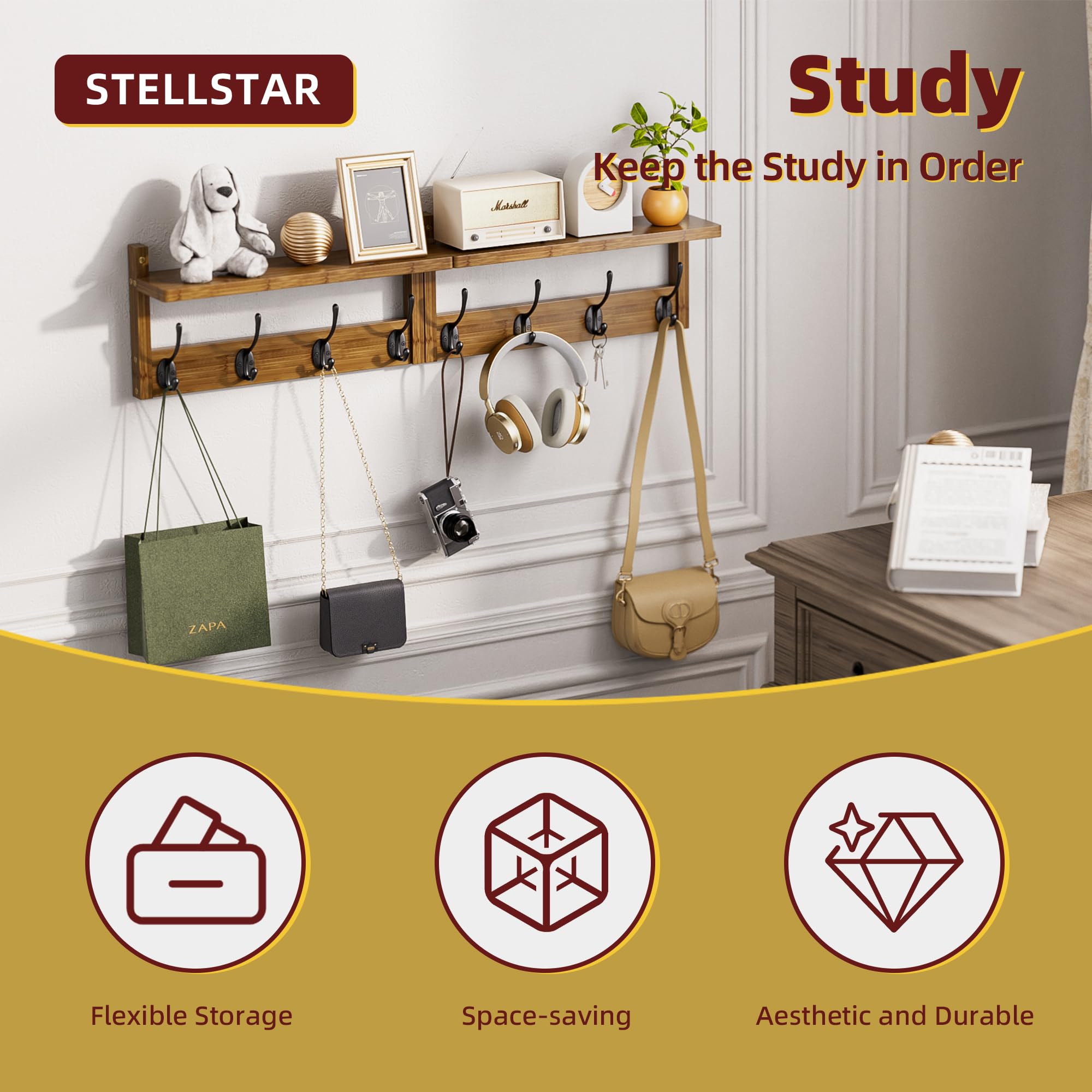 STELLSTAR Coat Rack with Shelf Wall Mount, Entryway Bamboo Hanging Shelf, Set of 2, Wall Hook Rail for Hallway Décor - Image 4