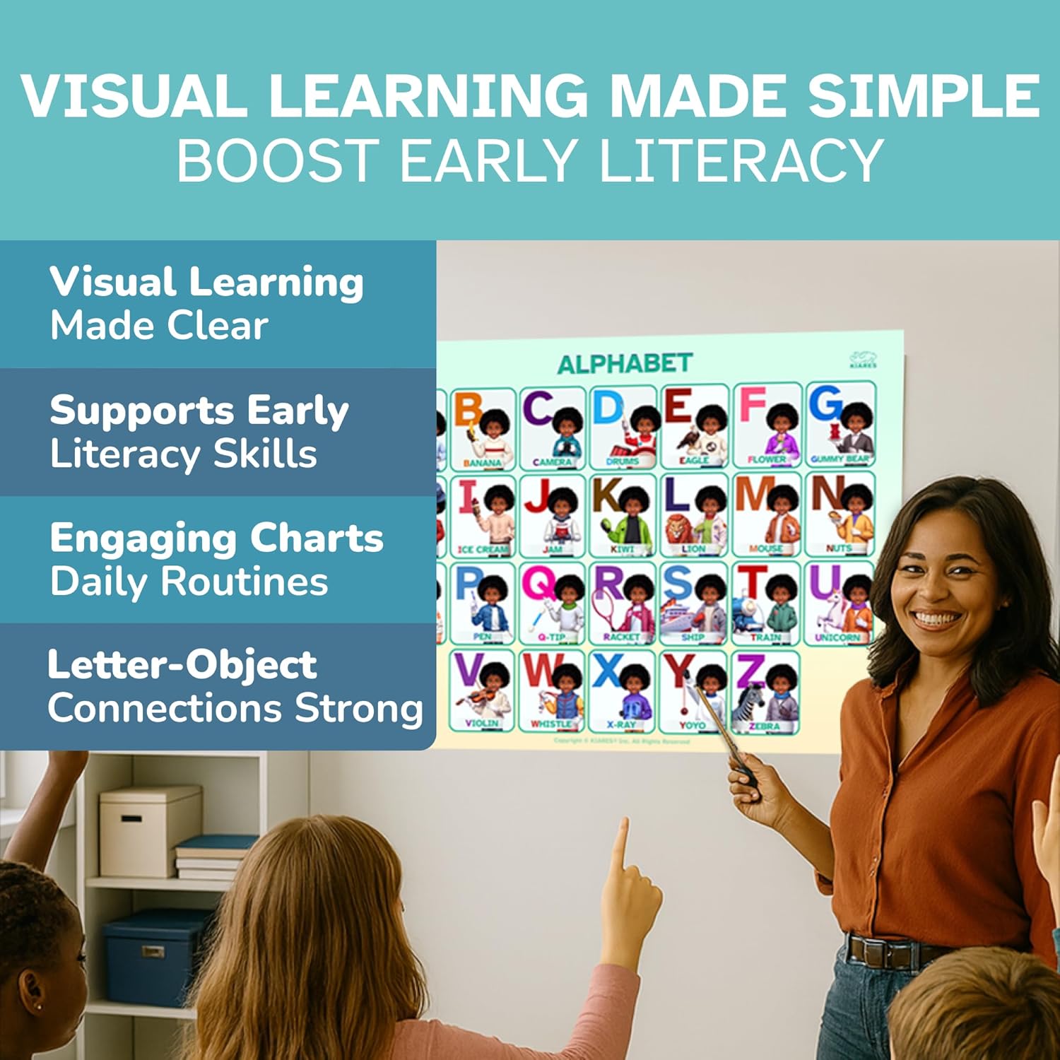 KIARES Alphabet Poster for Classroom Wall – ABC Bulletin Letters for Toddlers & Kindergarten – Self-Adhesive Visual Aid – OT Designed – 16 Ethnic Options (African American Girl)