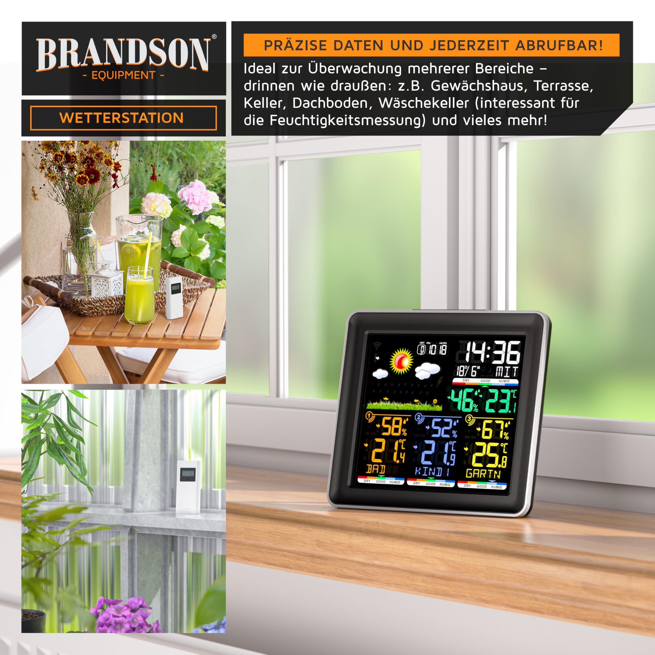 Brandson - Wetterstation Funk mit Außensensor - Farbdisplay - DCF Empfangssignal Funkuhr - Innen und Außentemperatur - Wettervorhersage - Temperatur Luftfeuchtigkeit Luftdruck - 3 x Außensensor
