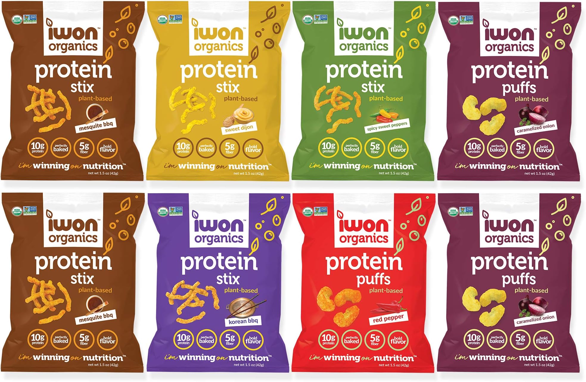 IWON OrganicsVegan Variety Pack of 8 Tasty Snacks, Protein Puffs and Snack Stix, High Protein and Organic Healthy Snacks, 6 Flavors, 8 Bags, 1.5 Ounce