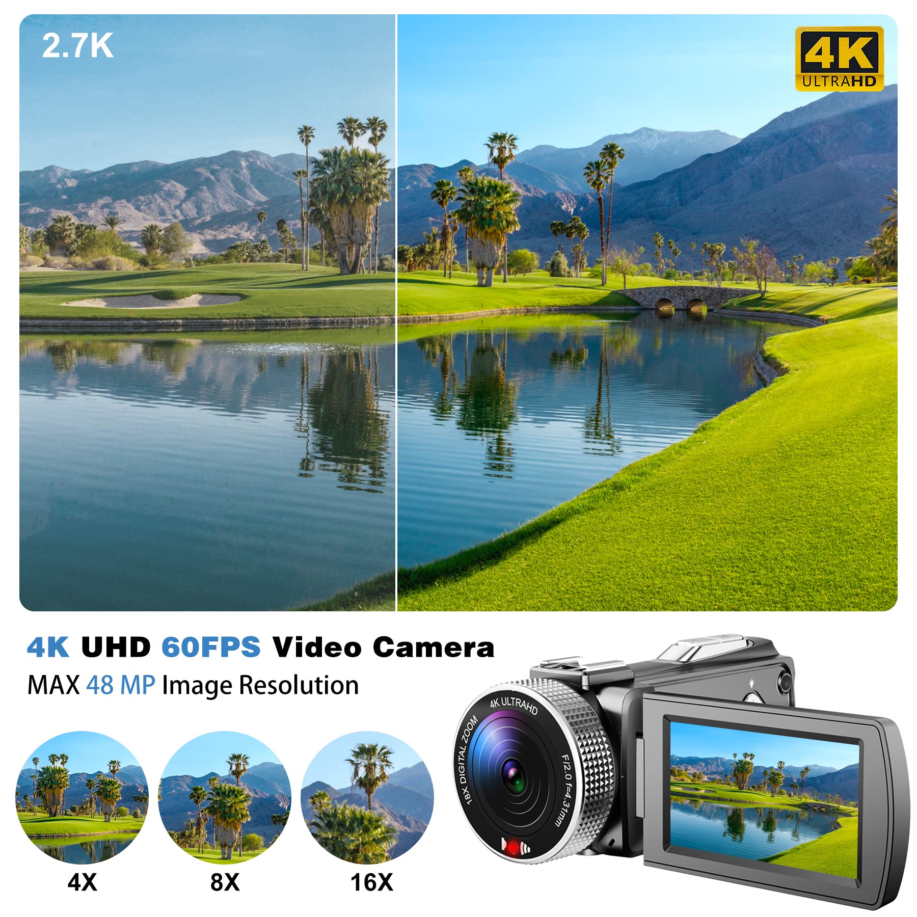 Videocamera 4K, videocamera da 48 MP con 60 fps, zoom digitale 18x e schermo girevole a 270° da 3,0", ideale per YouTube e vlogging, include telecomando, 2 batterie e scheda SD