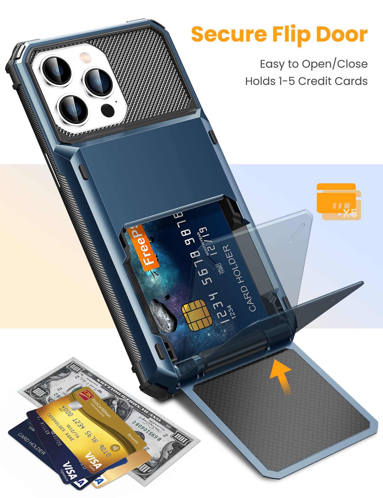 TITACUTE for iPhone 14 Pro Case 6.1 Wallet 5 Credit Card Holder ID Slot Flip Cover Design Back Pocket Scratch Resistant Hard Shell TPU Hybrid Protective Bumper Armor for iPhone 14 Pro Navy Blue