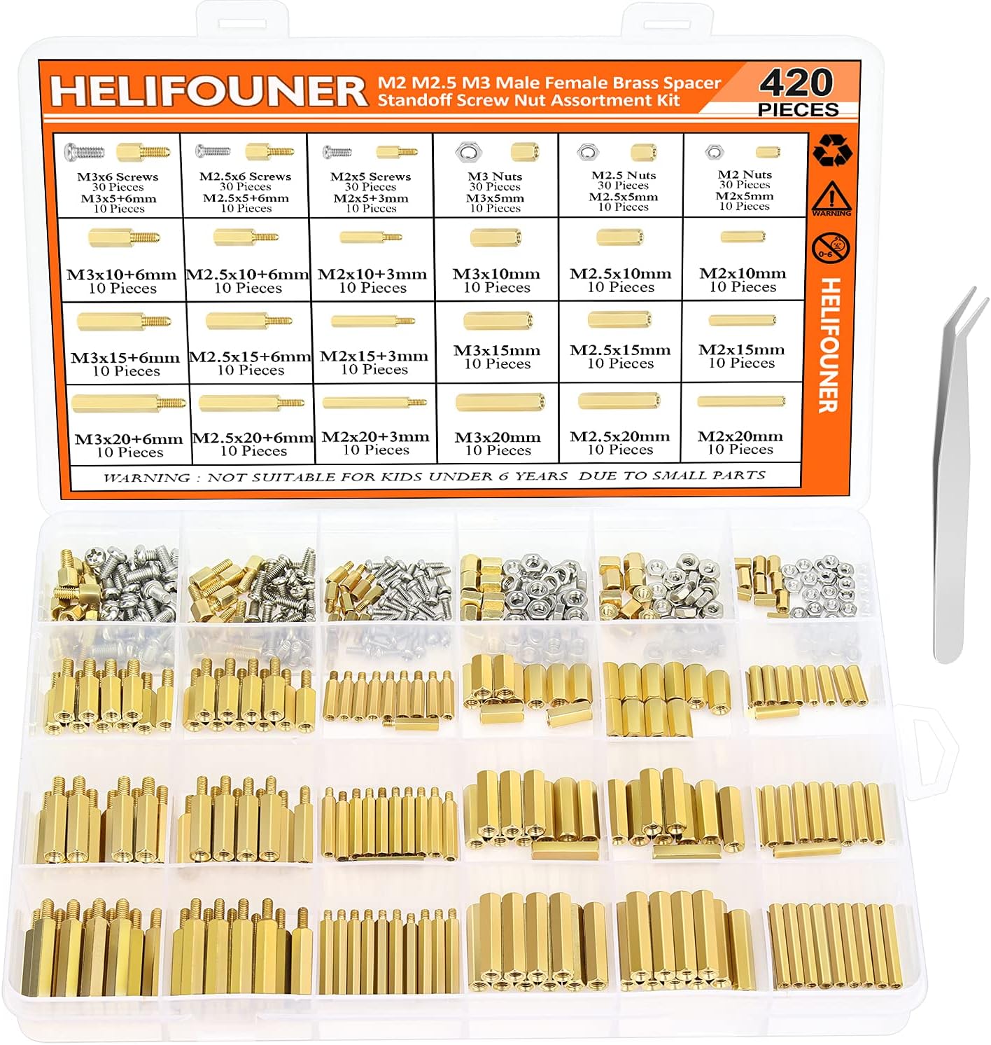 420 Pieces M2 M2.5 M3 Male Female Hex Brass Spacers Standoffs Screws Nuts Assortment Kit with a Tweezers
