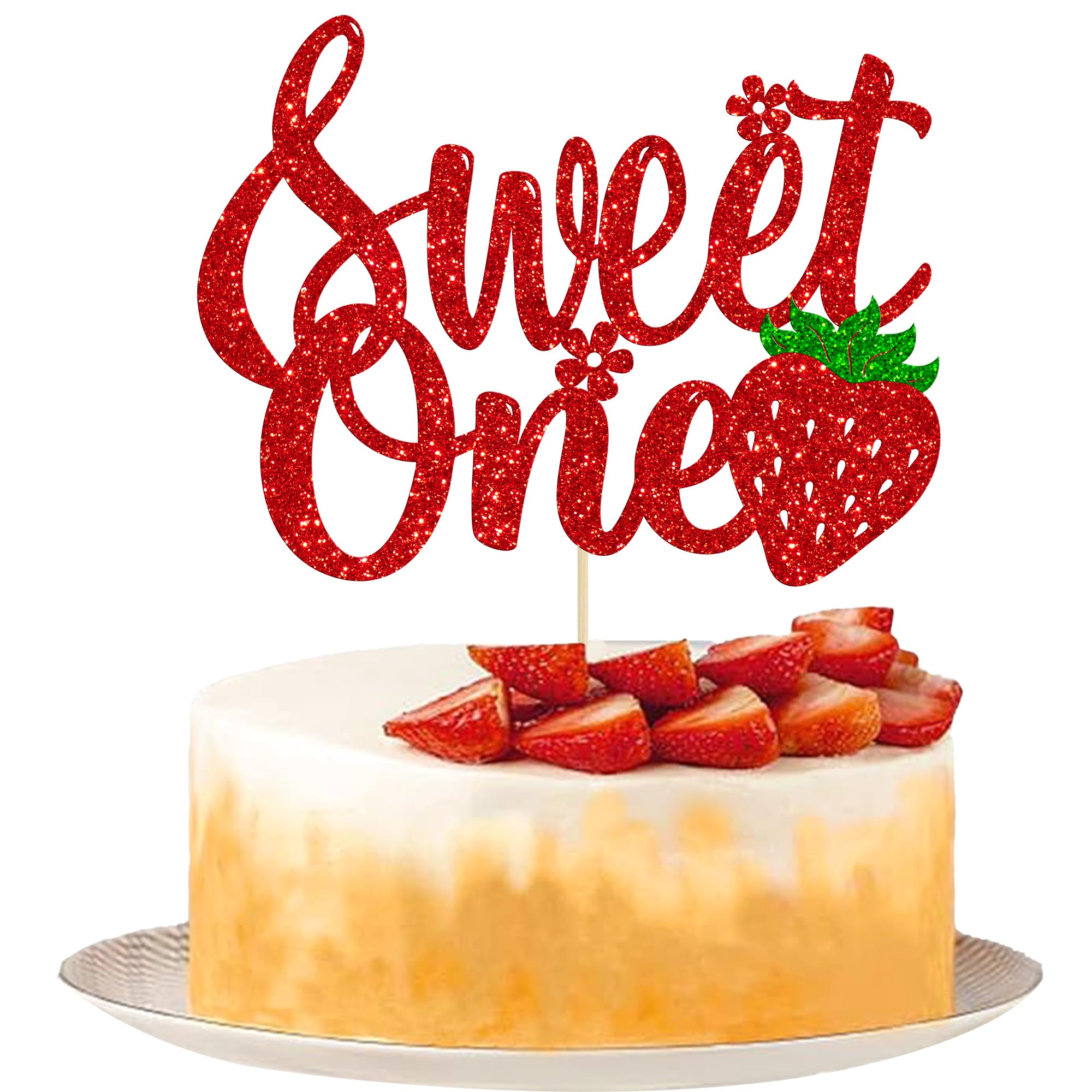 Ephlyn 1Pc Strawberry 1st Birthday Cake Topper Glitter Sweet One First Birthday Strawberry Cake Pick Decoration for Sweet Fruit Theme Baby Shower Kids Birthday Party Supplies Red One