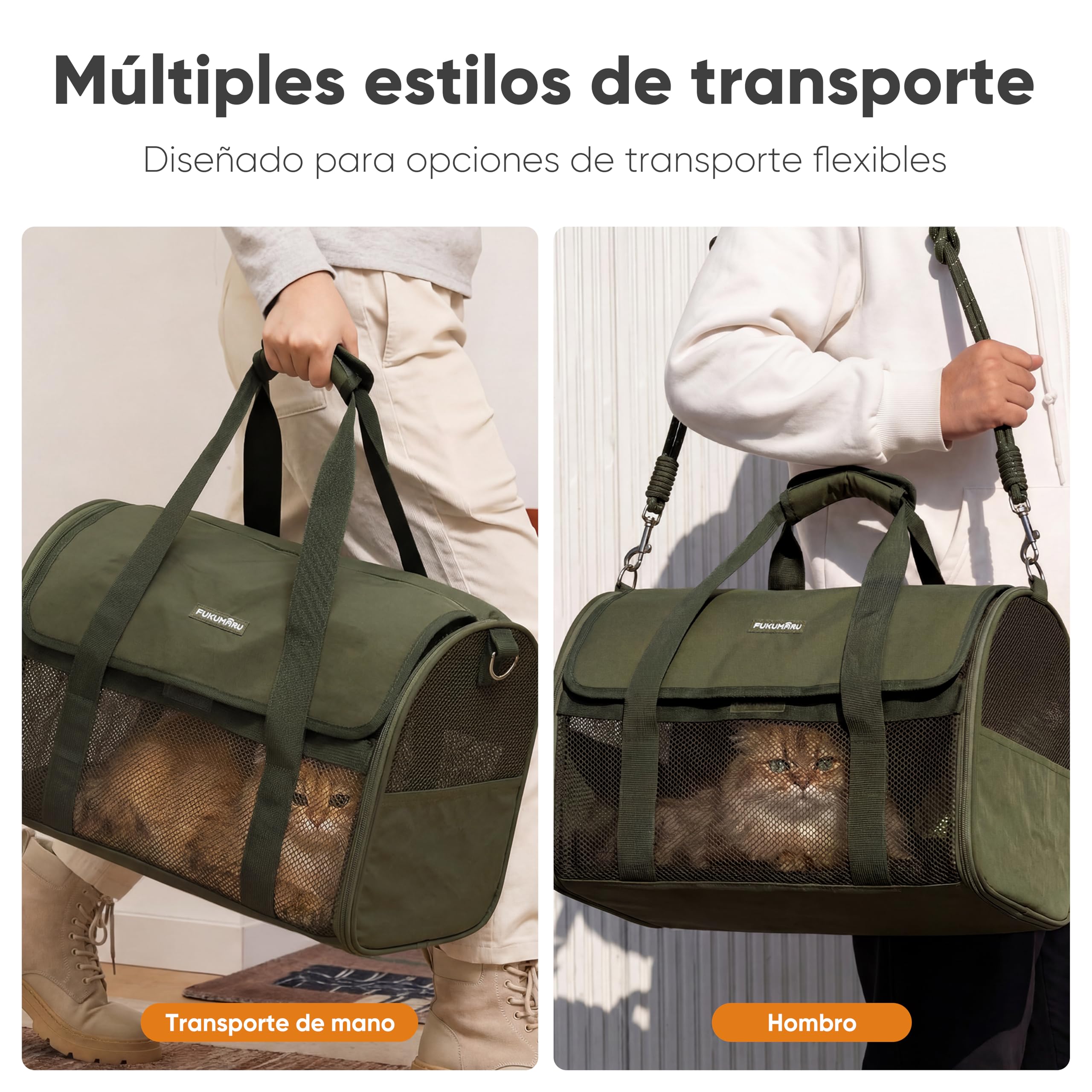 FUKUMARU transportín para Gatos y Perros, pequeño, Ligero y Transpirable, 46 x 28 x 28 cm, homologado para Viajar en Cabina, Plegable y Blando, con Malla antirrascado, Color Verde
