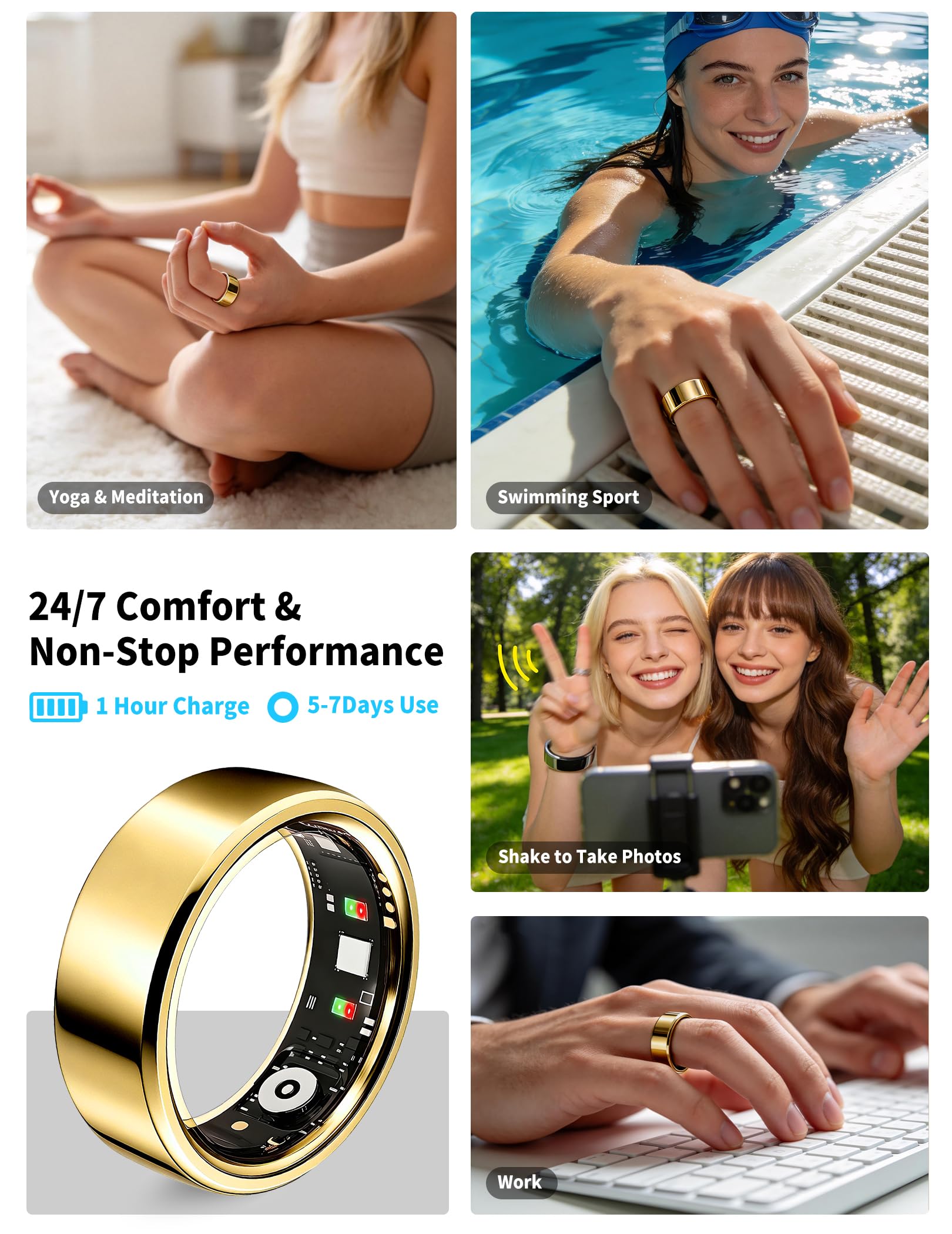 NewTrip Anillo inteligente para mujeres y hombres, rastreador de actividad física, frecuencia cardíaca, tendencias de sueño, 128 modos deportivos, control de gestos, seguimiento de ciclo IP68