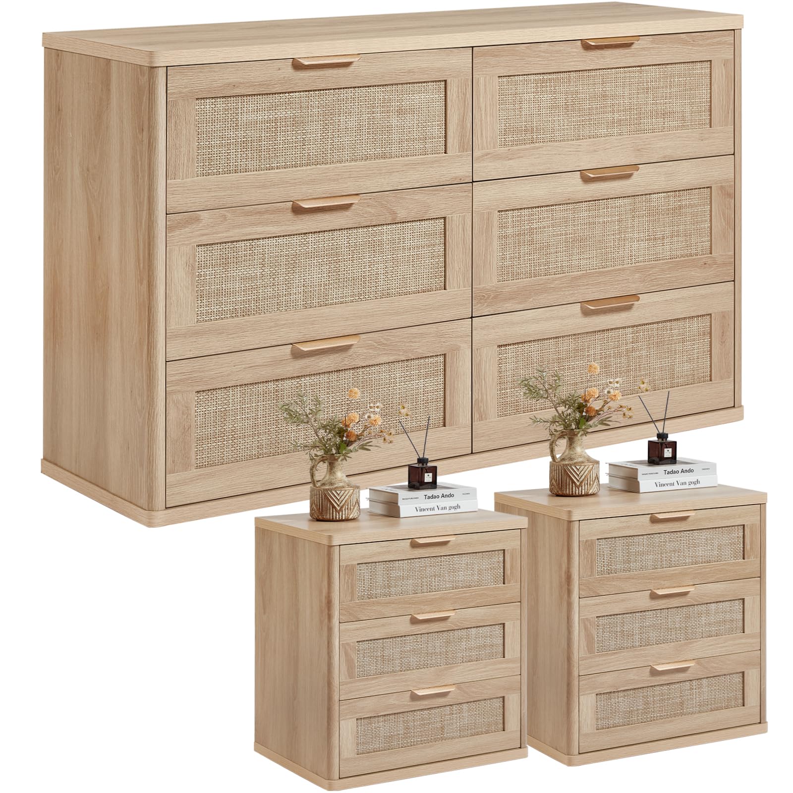 LEYAOYAO Rattan Dresser and Nightstand Sets 3 Piece
