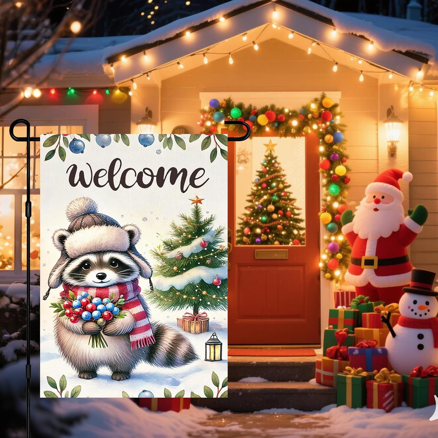 Christmas Welcome Winter Garden Flag 12x18 Inch Raccoon Christmas Tree Berry Bouquet Yard Flag Double Sided Outdoor Holiday Seasonal Woodland Banner for Porch Lawn Patio - Image 2