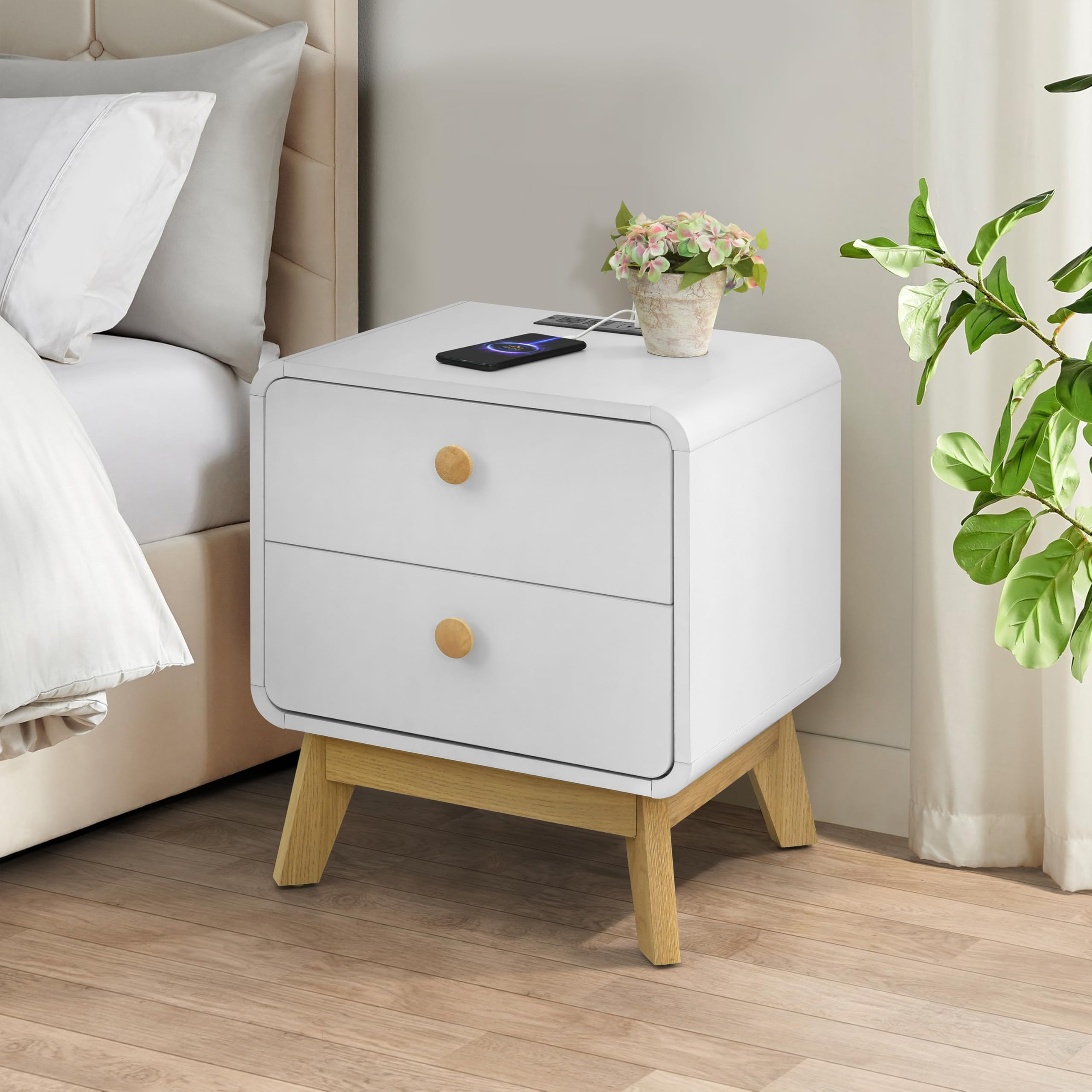 ELISA HOME Aries 2 Drawer Nightstand with Charging Station, Bedside Table with Storage Drawers, Night Stand for Bedroom, End Table or Side Table for Living Room, 15.5" D x 18.9" W x 21.7" H, White