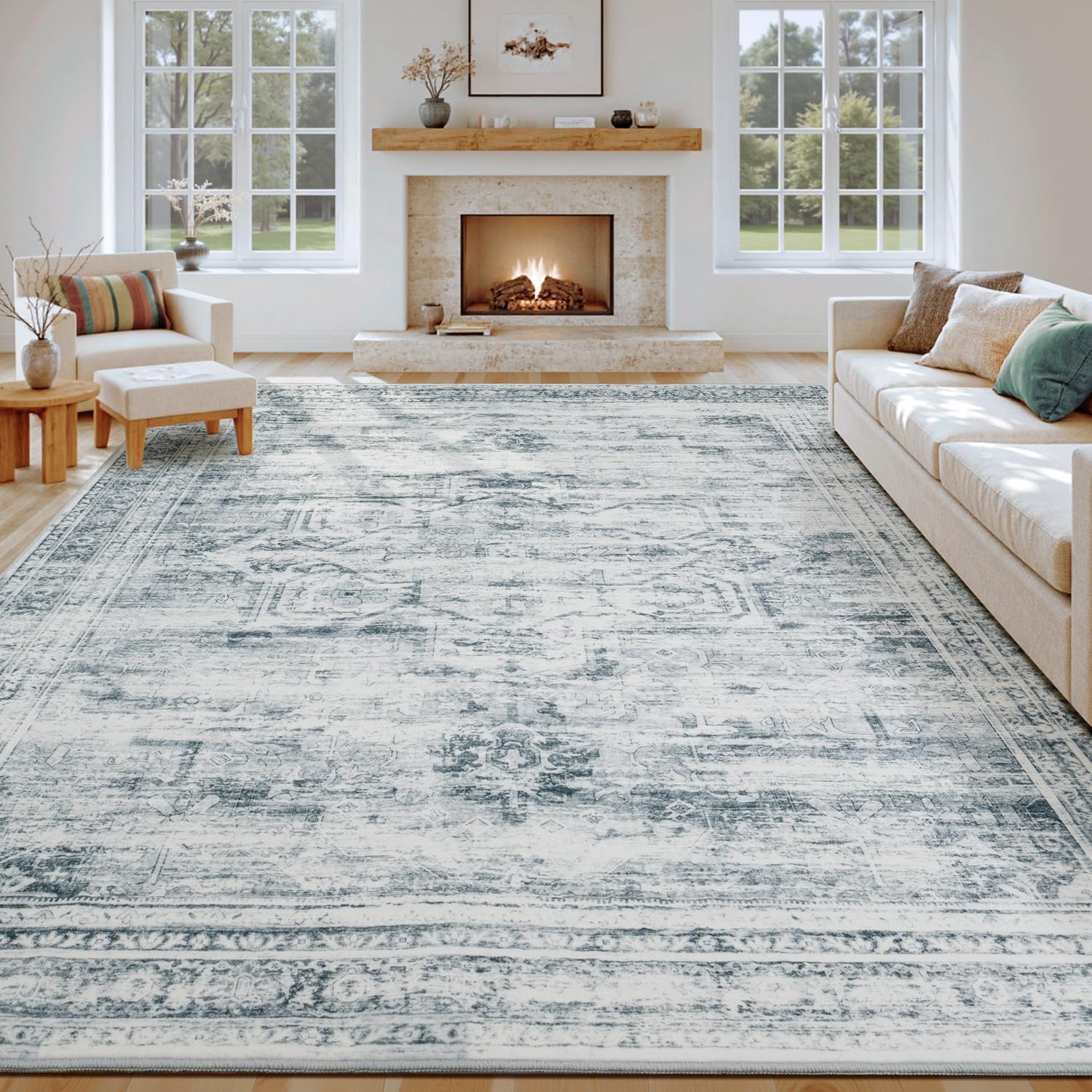 Washable Area Rugs 9x12 Living Room, Large Soft Faux Wool Cozy Bedroom Dining Room Floor Carpets, Neutral Retro Distressed Non Slip Grey White Rug for Inside House Office Decor Grey White 9' x 12' (Rectangular)