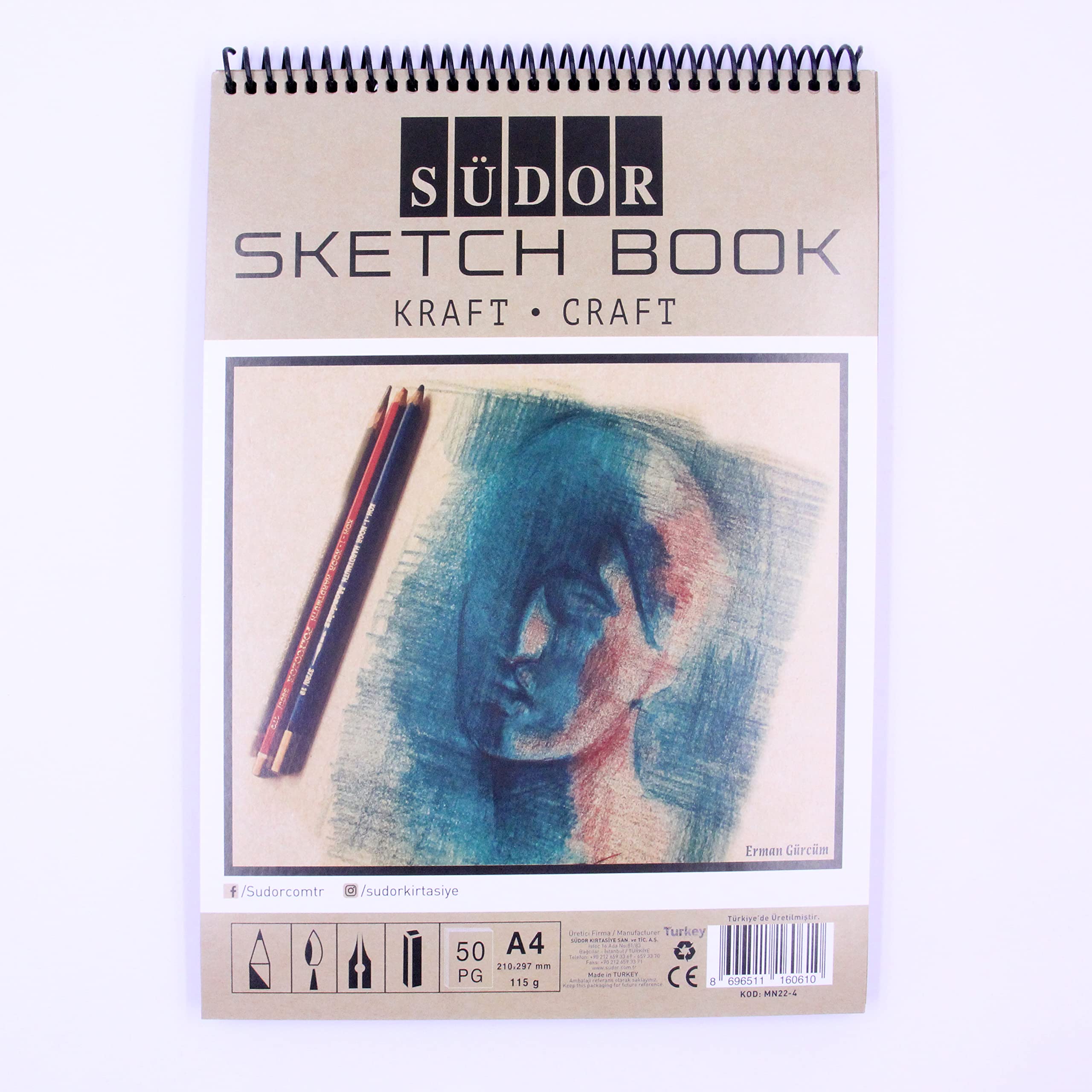 Südor szkicownik papieru rzemieślniczego, A4 (21 x 29,7 cm), szkicownik spiralny, 50 arkuszy, bezkwasowy papier do rysowania, szkicownik 115 g/m² do szkicowania, notatek lub pomysłów