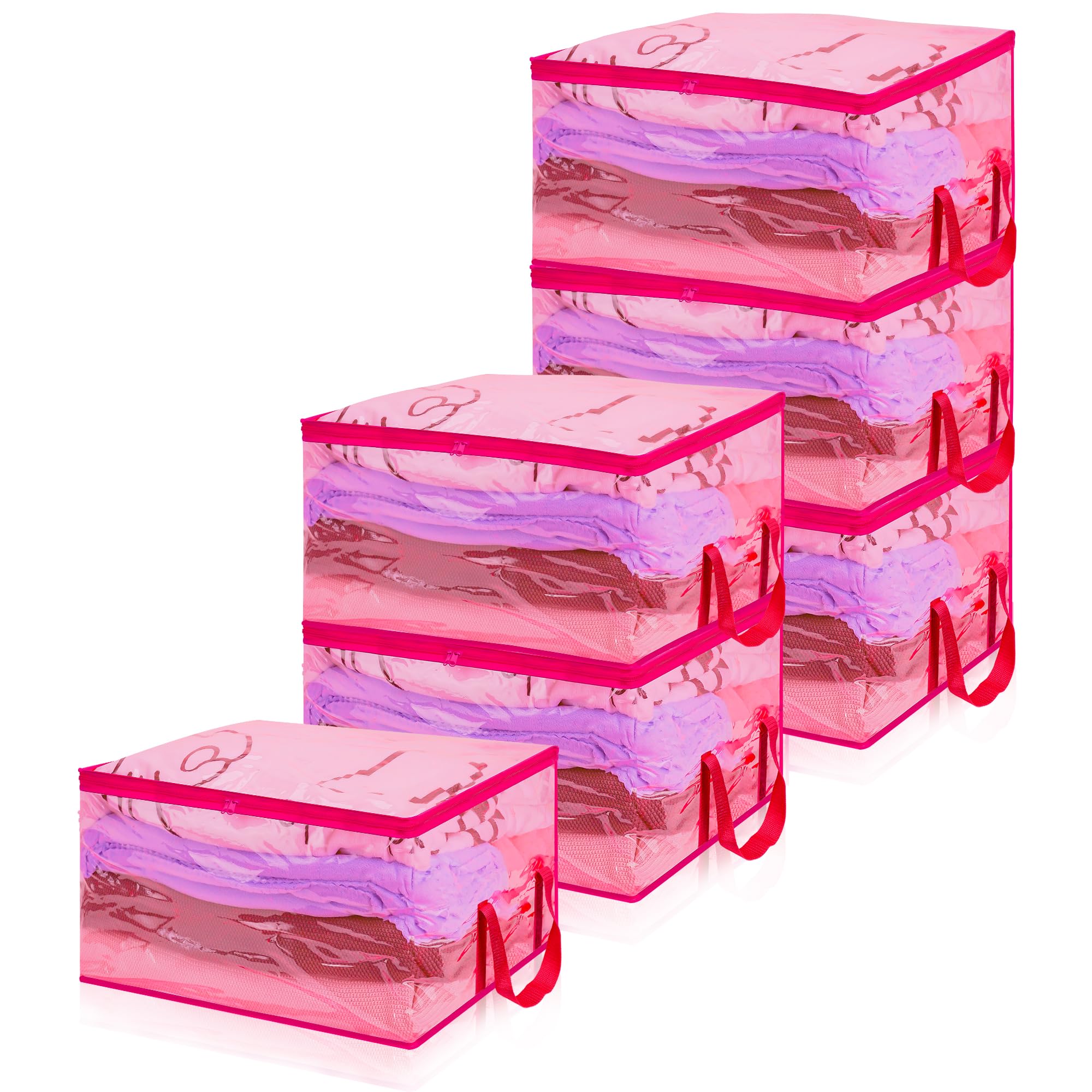 Vieshful Clothes Storage Bags Large Capacity Clothing Organizers with Reinforced Handles Foldable Underbed Containers for Bedding Comforter Blanket (Pink-6 Pack, 90L)