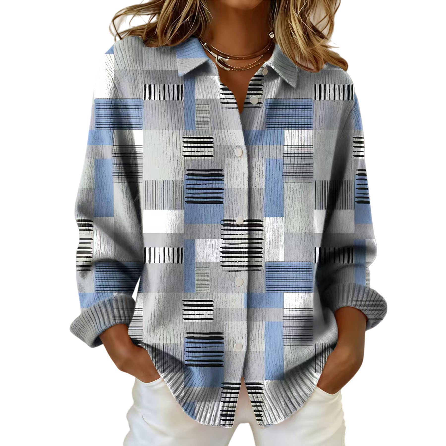 Womens Plaid Print Casual Cotton Buttoned Cardigan Sweater Collared Fluffy Checkered Knit Winter Christmas Cotton Top