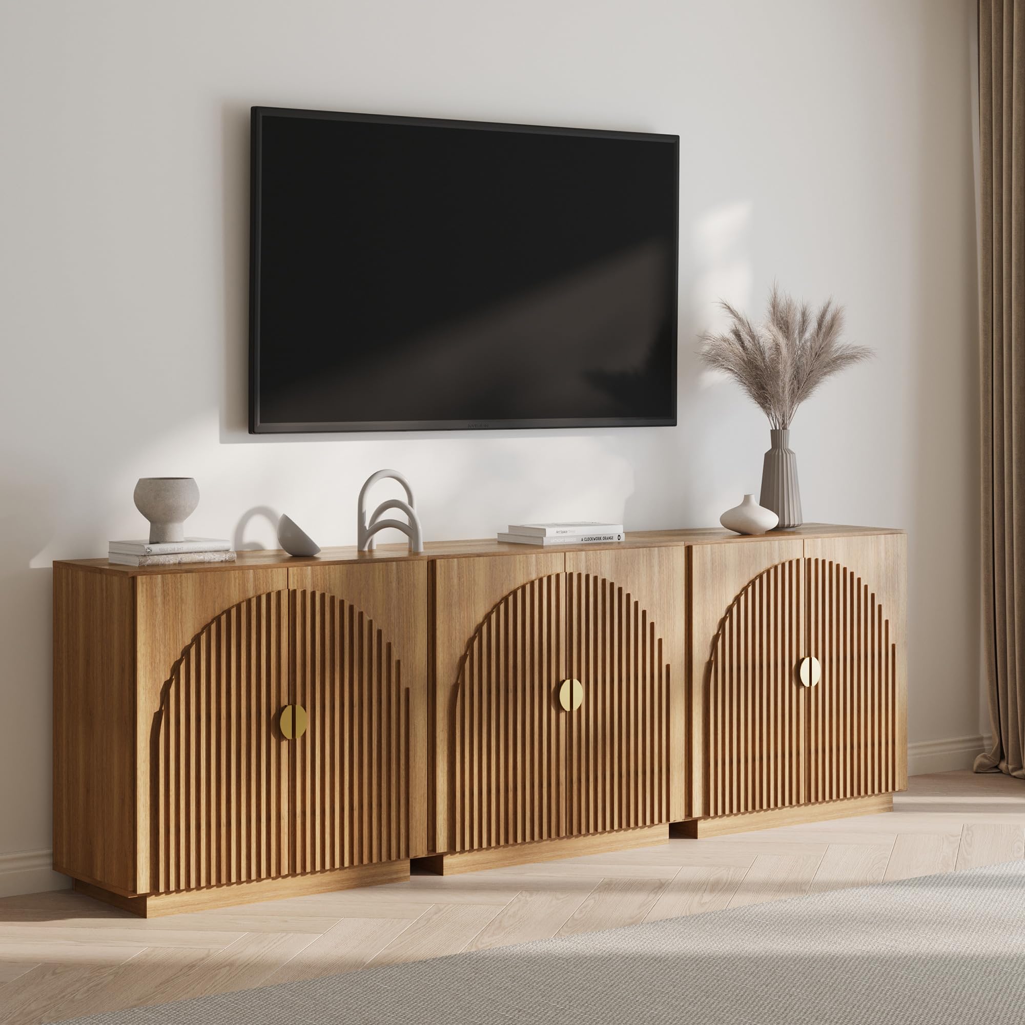 BELLEZE Set of 3 Modular Fluted Sideboard Buffet Cabinet with Storage, Mid-Century Modern Console Table with Symmetrical Arched Doors, Credenza for Dining Room, Kitchen and Living Room, Caramel Brown — view 3
