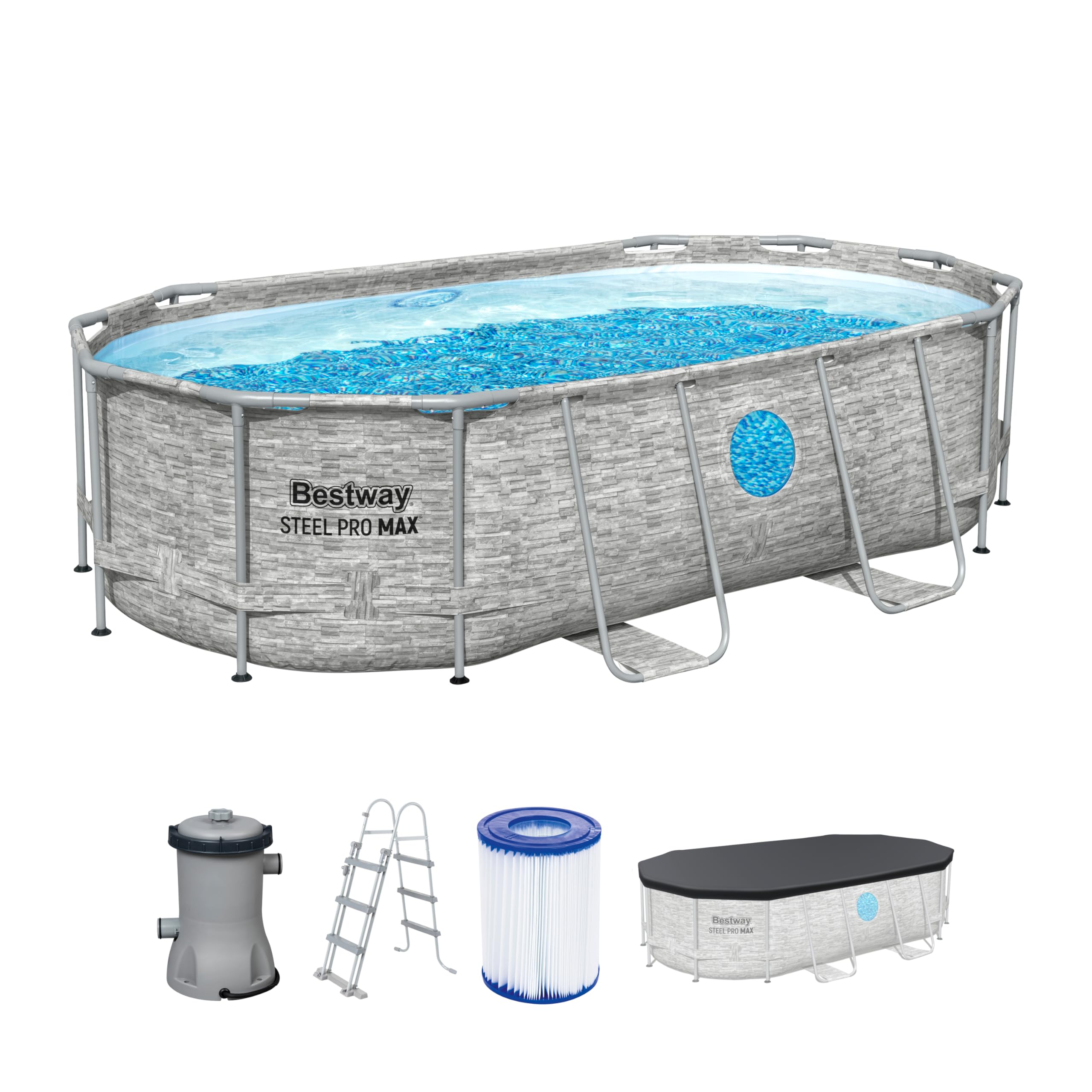 Bestway 56714-7 Set piscina fuori terra ovale Steel Pro MAX Splashview - 4,27 m x 2,50 m x 1,00 m, grigio effetto pietra