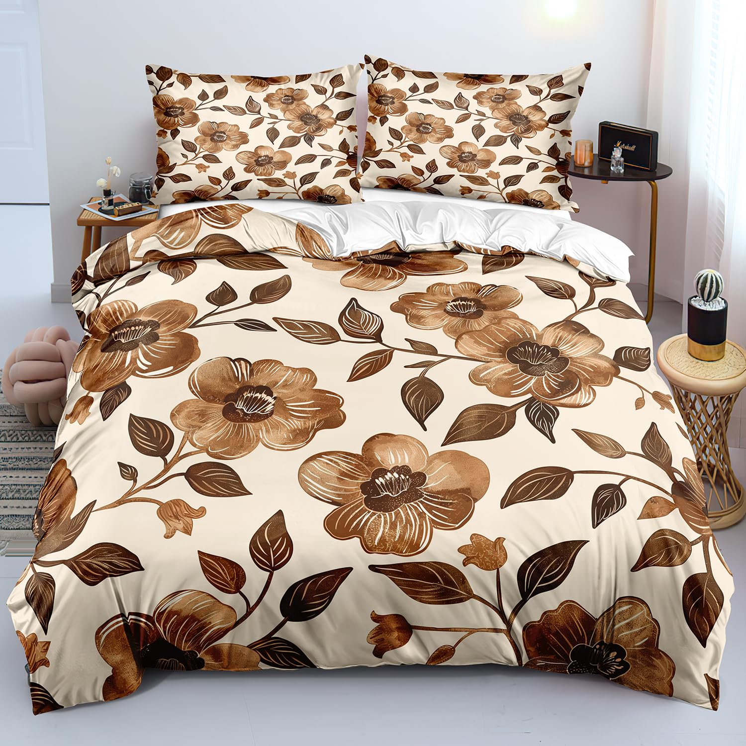 Parure de Lit 240x220 Imprimée Vintage Fleurs Housse Couette Marron