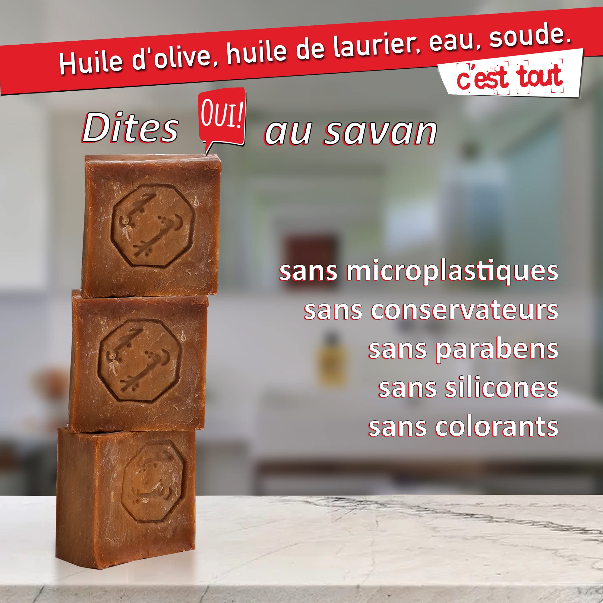 Natura Germania® Ensemble de 3 savons d'Alep originaux 60% huile d'olive / 40% huile de laurier, chacun d'environ 200 gr (environ 600 gr au total) + sac à savon en sisal | Savon naturel
