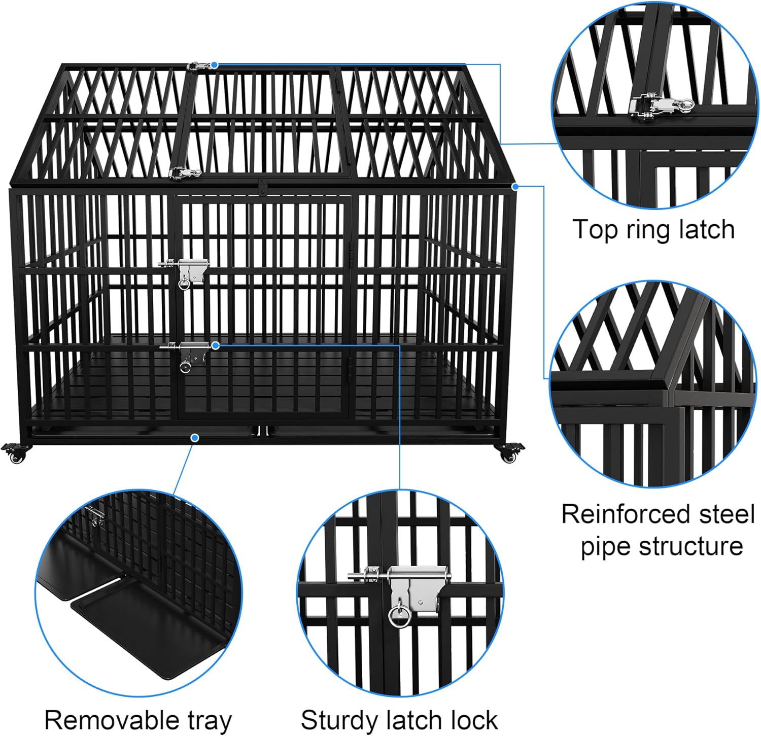 Heavy Duty Dog Crate 54 inch with Mat XL Large Pet Dog Cage Crate Kennel with Roof Top 2 Doors Removable Trays, Lockable Wheels Escape-Proof for High Anxiety Dogs (Black, 54 inch)