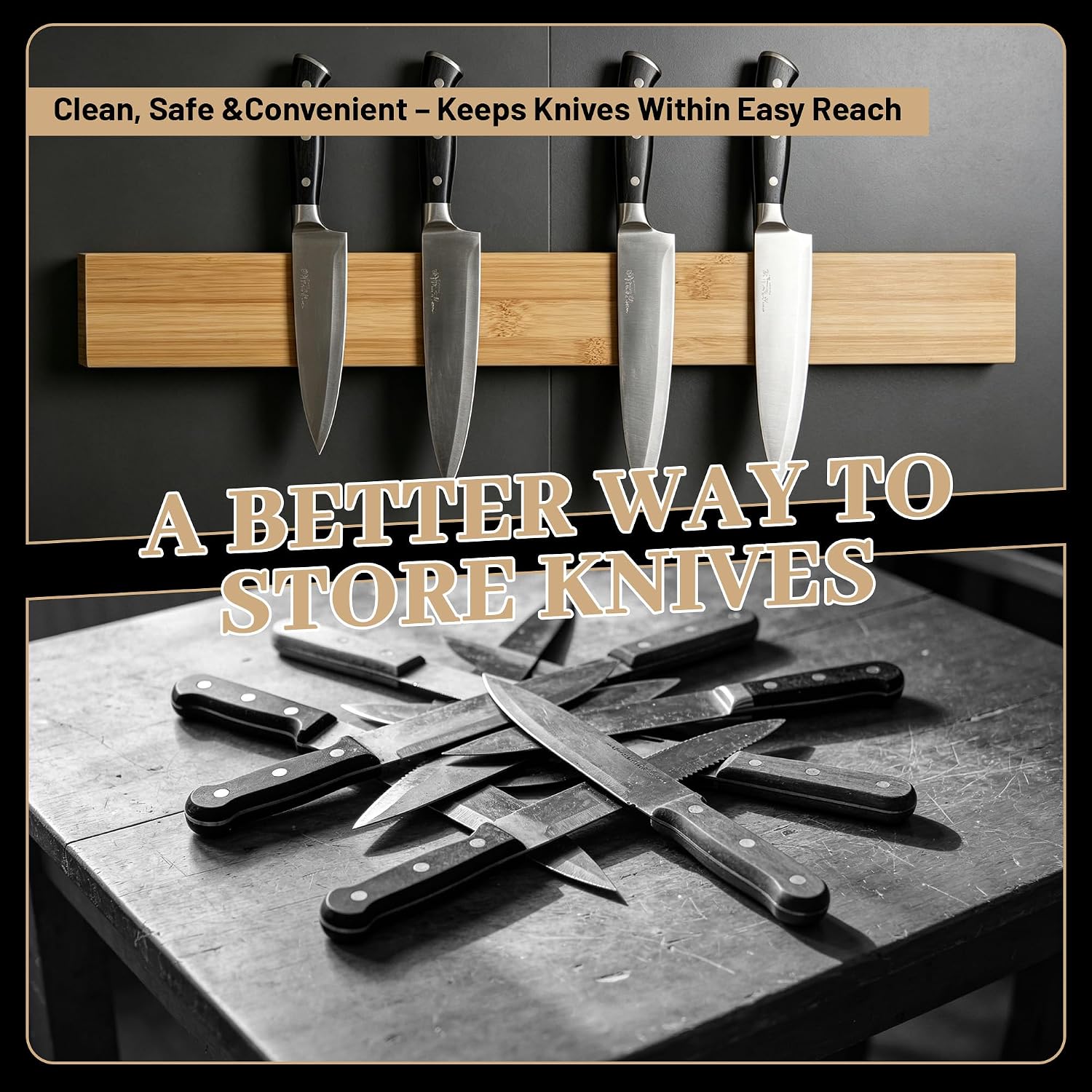 Bamboo Magnetic Knife Holder for Wall –16 Inch Strong Magnetic Strip for Kitchen Knife Storage, Utensil Organizer, Tool Rack –Multi-Purpose Magnetic Bar,No-Drilling or Screw Mount