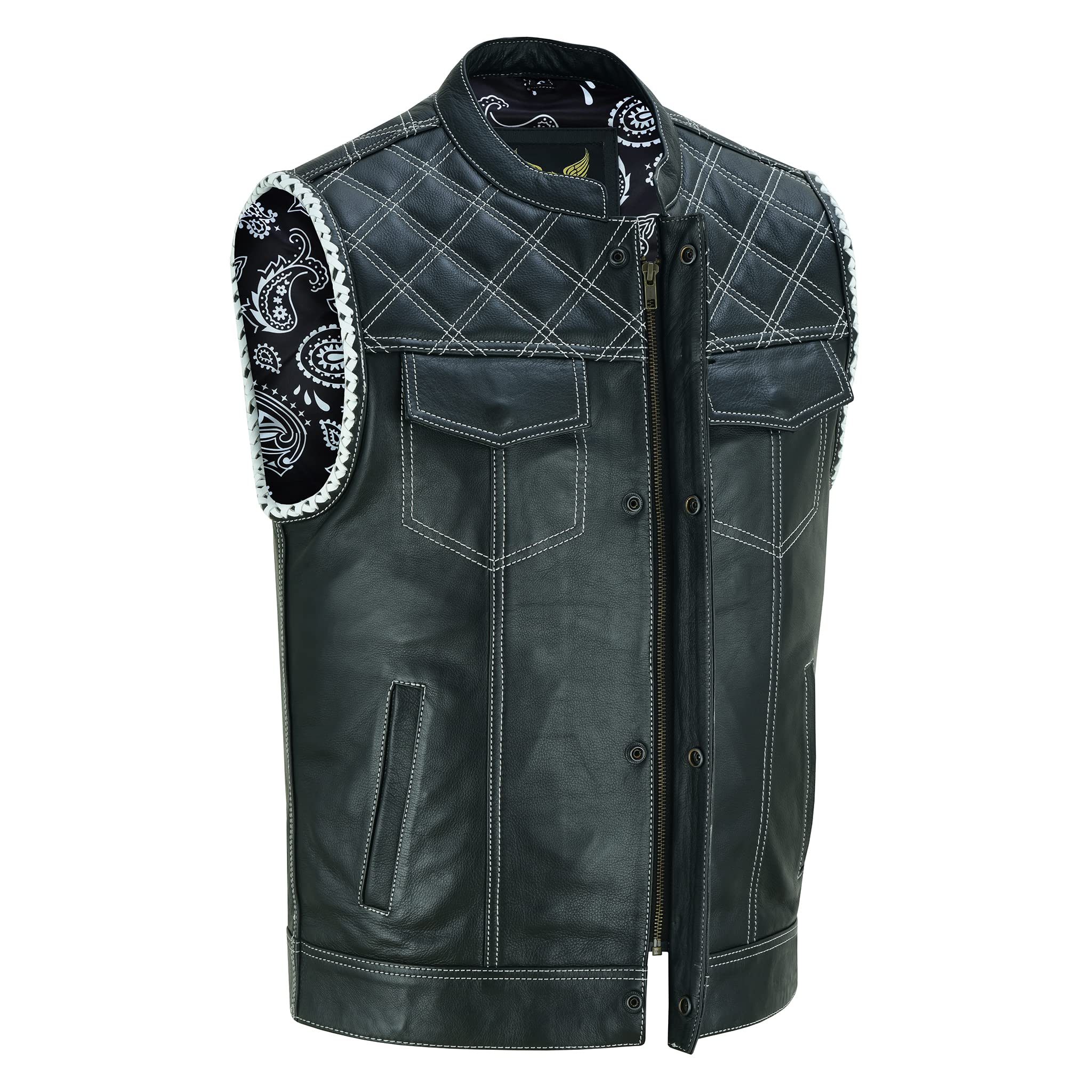 Leatherick Gilet da motociclista in pelle nera da uomo - Fodera tradizionale in raso Paisley con cuciture a rombi bianchi e intreccio intrecciato a mano sul giromanica