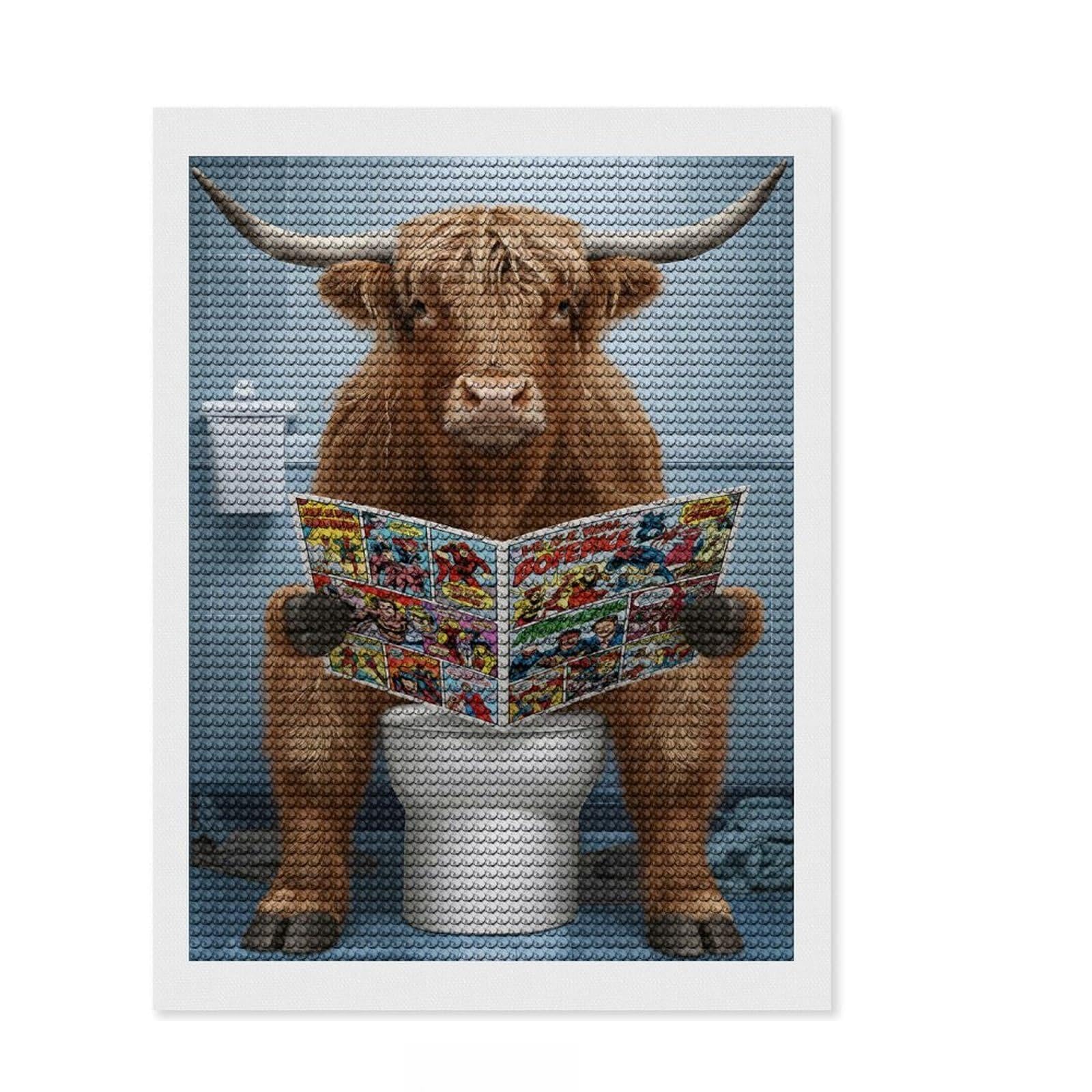 Junmoney Highland Cow Reading Comics on Toilet Diamond Painting Set 12"x16", Fun Craft Experience, Sparkling Round Gems, Office Decor, for Adults, Adhesive Canvas