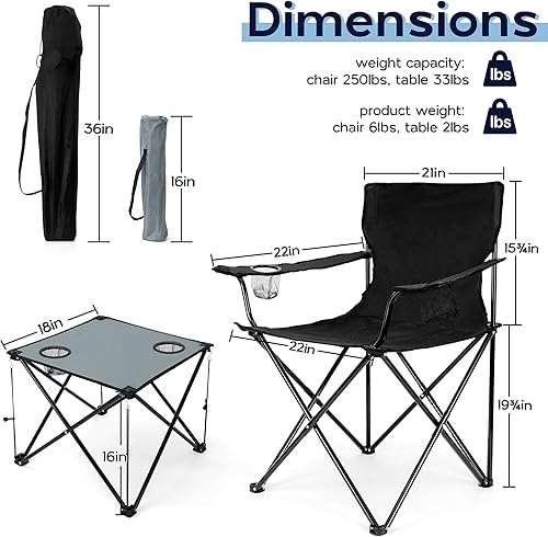 Miniatura 3 de Onader Sillas de camping con mesa Juego de 3 sillas de césped plegables negras mesa de campamento gris portátil