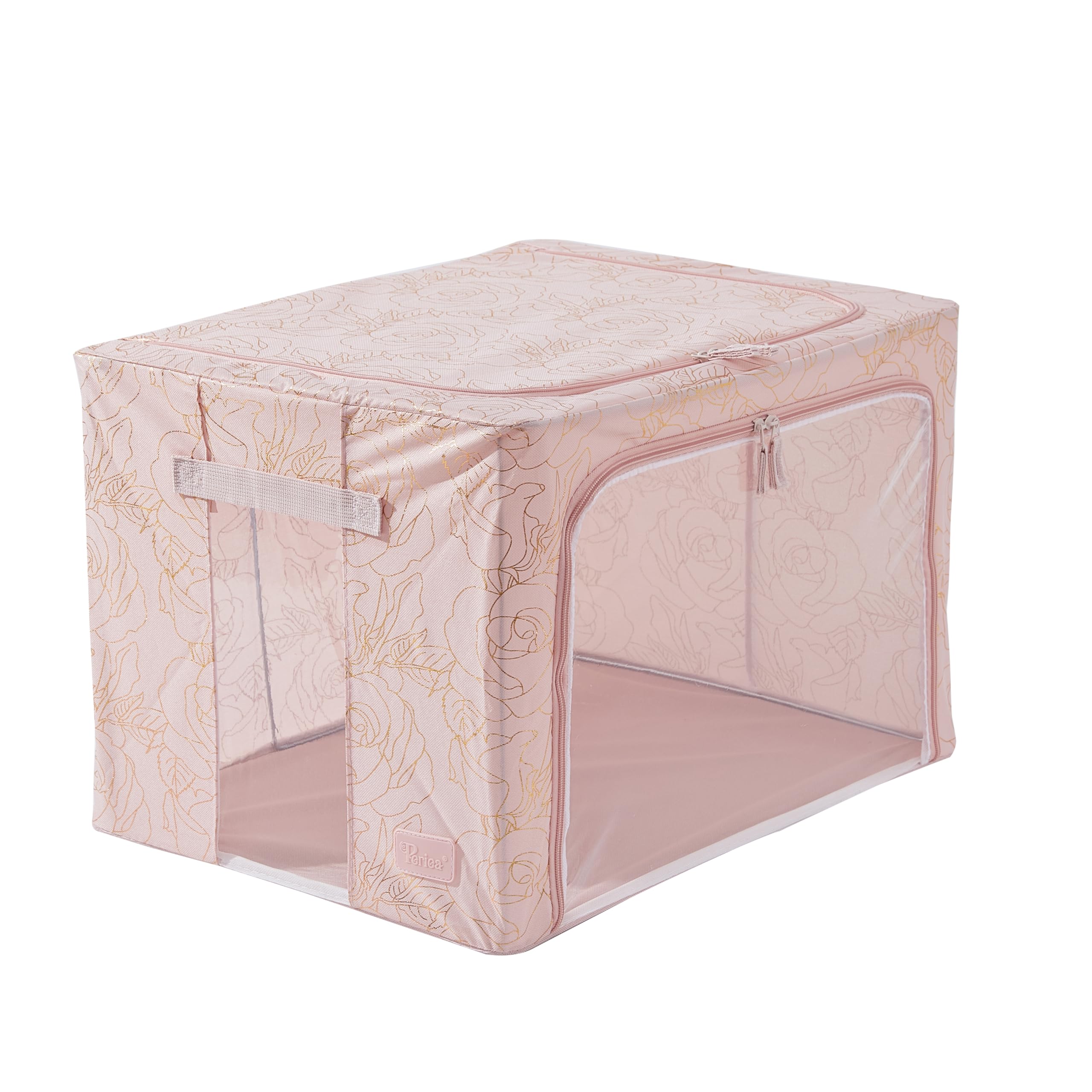 Periea ‘Beau’ Folding Collapsible Stackable Fabric Home Storage Boxes with Steel Frames (Metallic Floral Blush, Large) — image 1