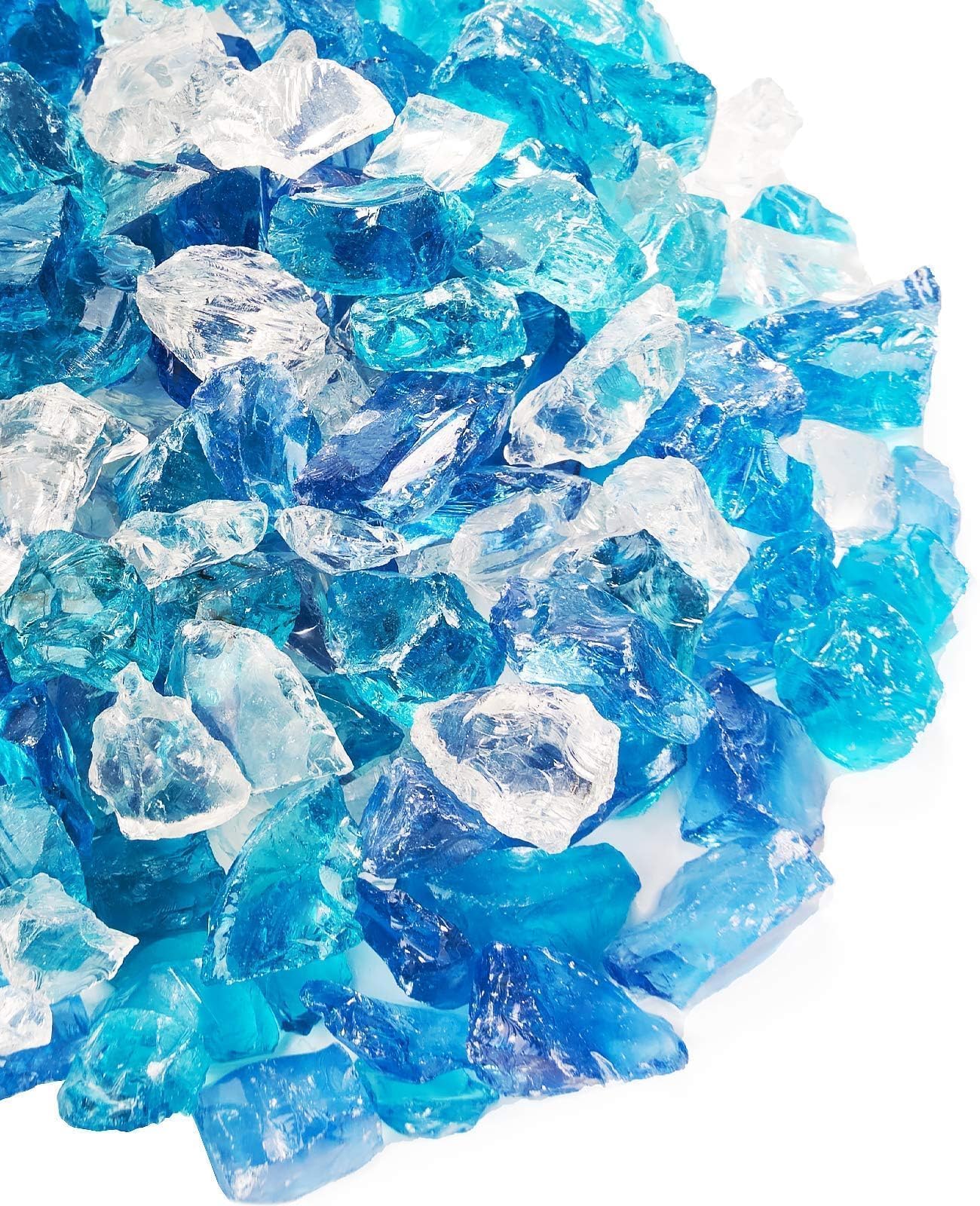 NUPICK Fire Glass - 20 Pound Mixed Bahama Blend for Fire Pit & Gas Fireplace, 1/2-3/4 Inch Tempered Glass Rock in Blue and White