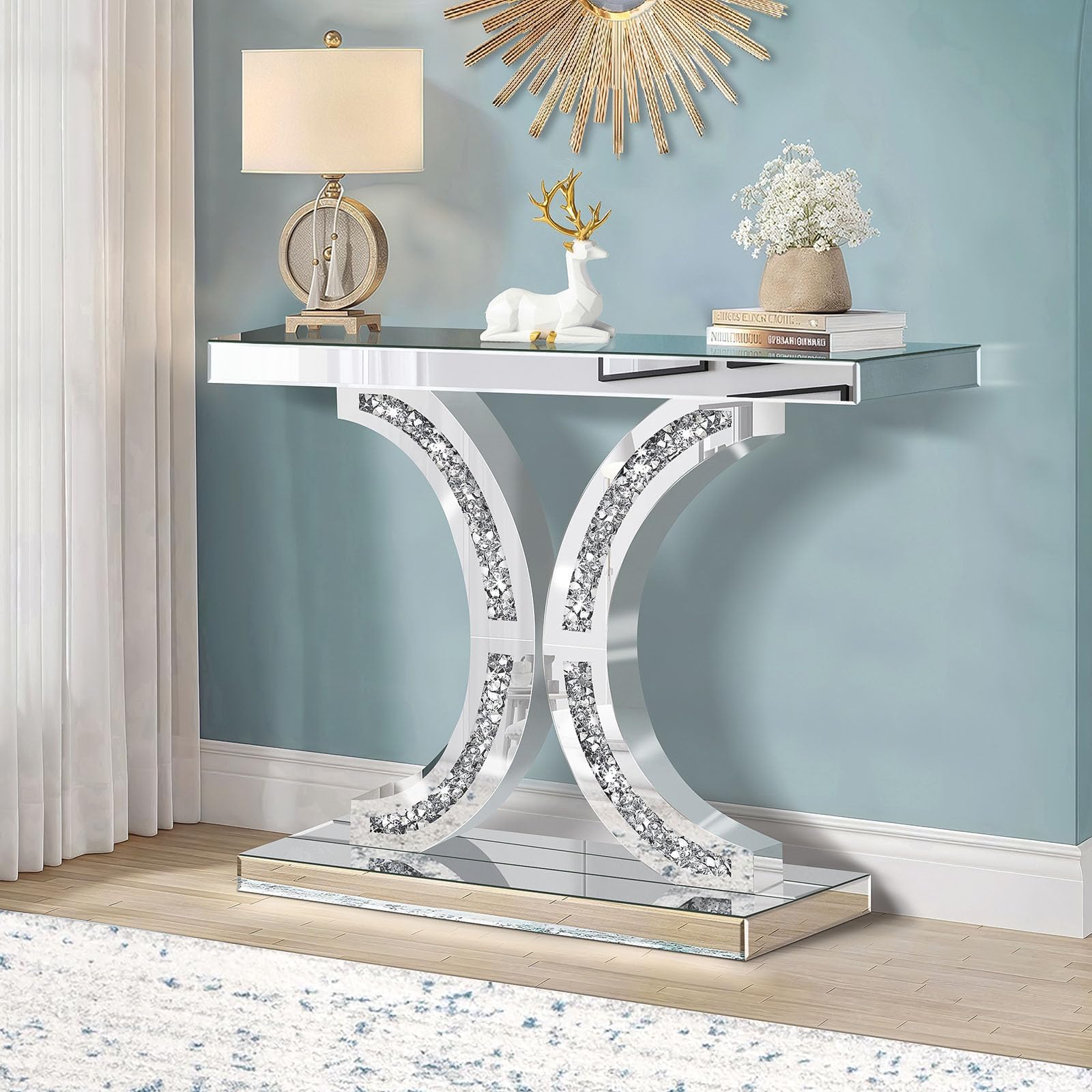 Consola de espejo plateada con incrustaciones de diamantes, mesa de cristal de 100 cm, marco en forma de C, mesa moderna para salón, pasillo, vestíbulo