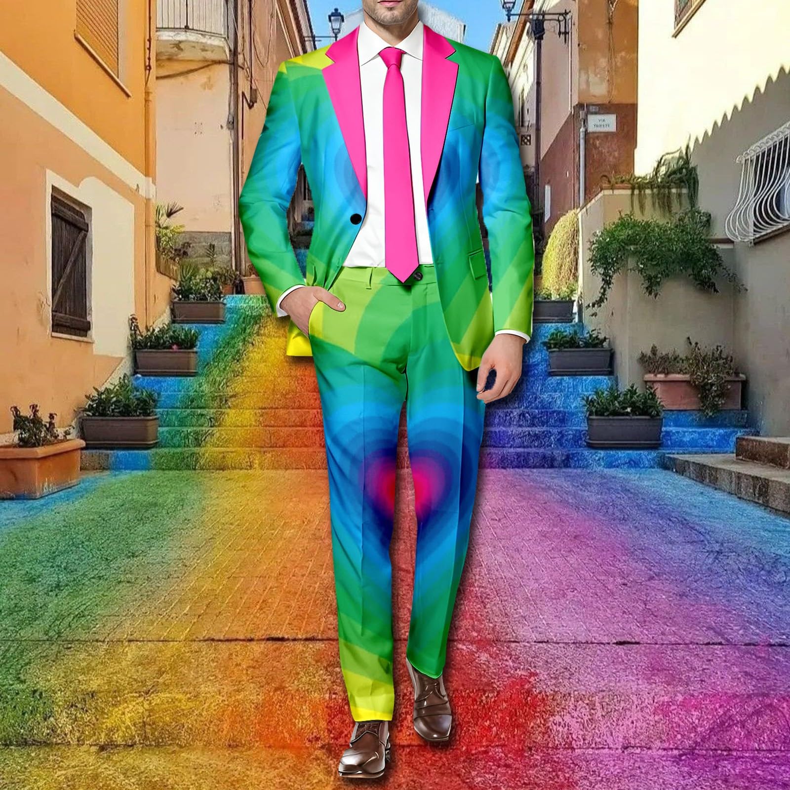 Neon Farbigen Anzug 2 Teiler Herren Lustige Regenbogen Kostüm Blazer Set Slim Fit Sakko + Anzughose Langarm Bunte Faschingskostüme Party Anzugjacke Zweiteiler Set Disco Nachtclub