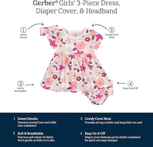 Miniatura 6 de Gerber baby-girls 3-piece Dress, Diaper Cover and Headband Set